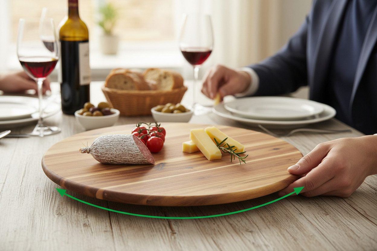 LS-LebenStil Servierplatte Nachhaltige Holz Drehplatte 37cm Premium Akazie Kugellager, Holz, (Drehteller Drehtablett Servierplatte Servierteller Serviertablett, 1-tlg., Tortenplatte drehbar), Pizzateller Vesperbrett Käsebrett Tablett Drehkabinett Kuchen