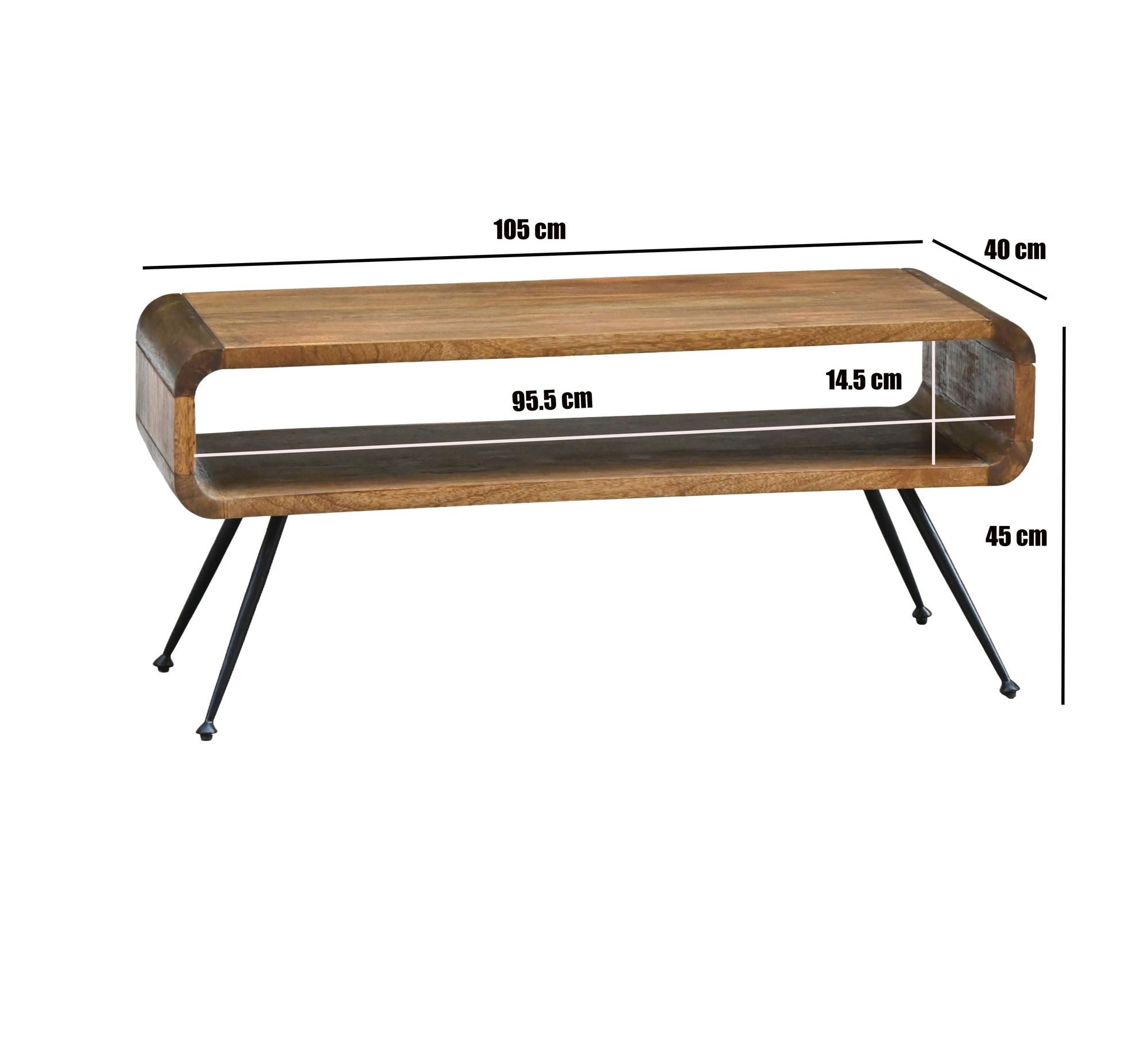 FINEBUY Couchtisch FB116624 Massivholz 105cm Wohnzimmertisch Ablage Beistelltisch Tisch (Längliches Möbelstück im edlen Retro-Stil), Korpus aus Mangoholz auf robustem Metall