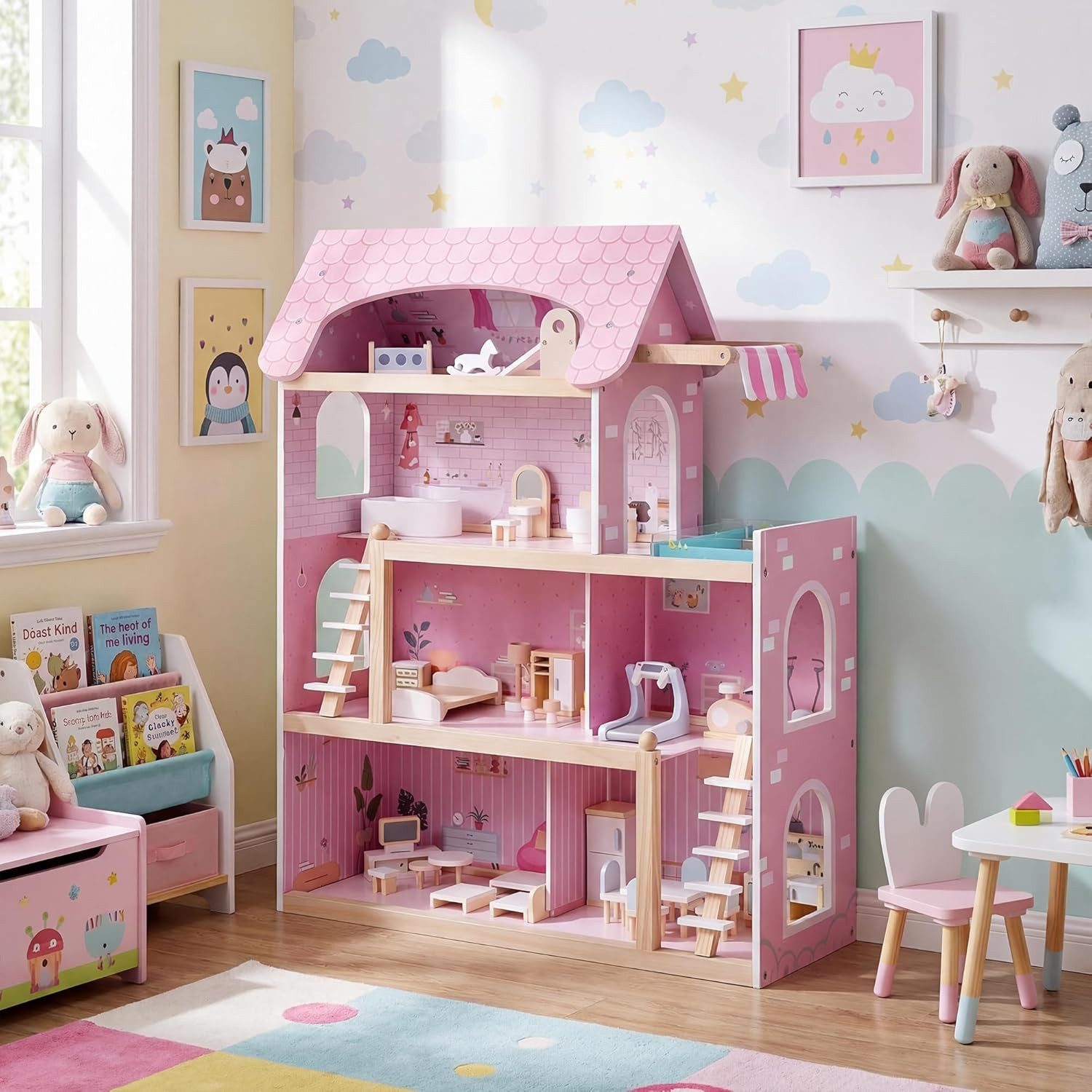 KOMFOTTEU Puppenhaus Puppen-Villa, mit 33 realistische Zubehör & Möbel, 6 Zimmer