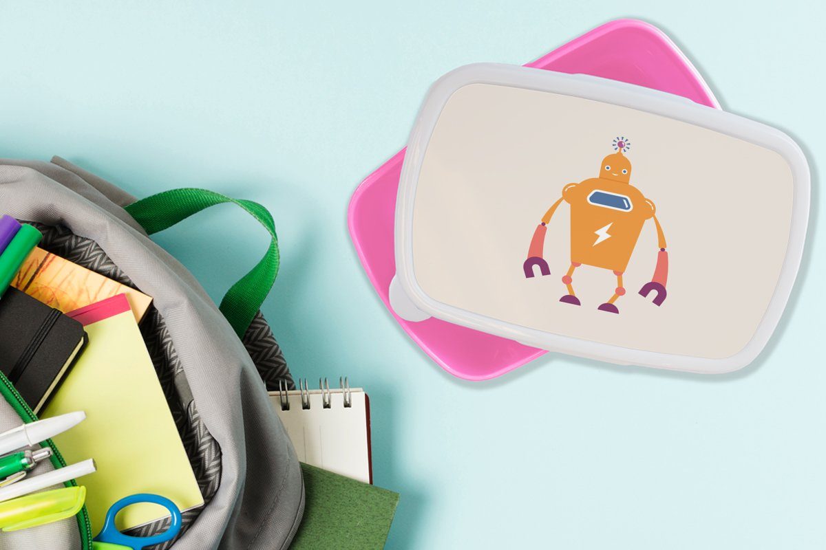 Lunchbox Brotdose - Kunststoff, Blitzschlag Erwachsene, Orange - Brotbox Kinder, Kinder, - Antenne - Mädchen, für Snackbox, MuchoWow Kunststoff (2-tlg), - Junge rosa Roboter