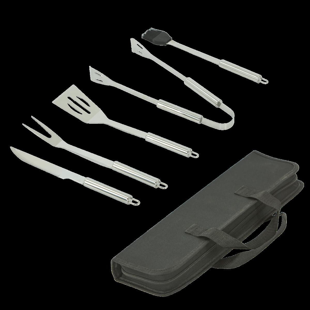 HOOZ Grillbesteck-Set aus Edelstahl ideales Grillzubehör rostfrei robust langlebig, (Set, 5 tlg., Gabel, Zange, Wender, Pinsel, Messer), mit Tragetasche