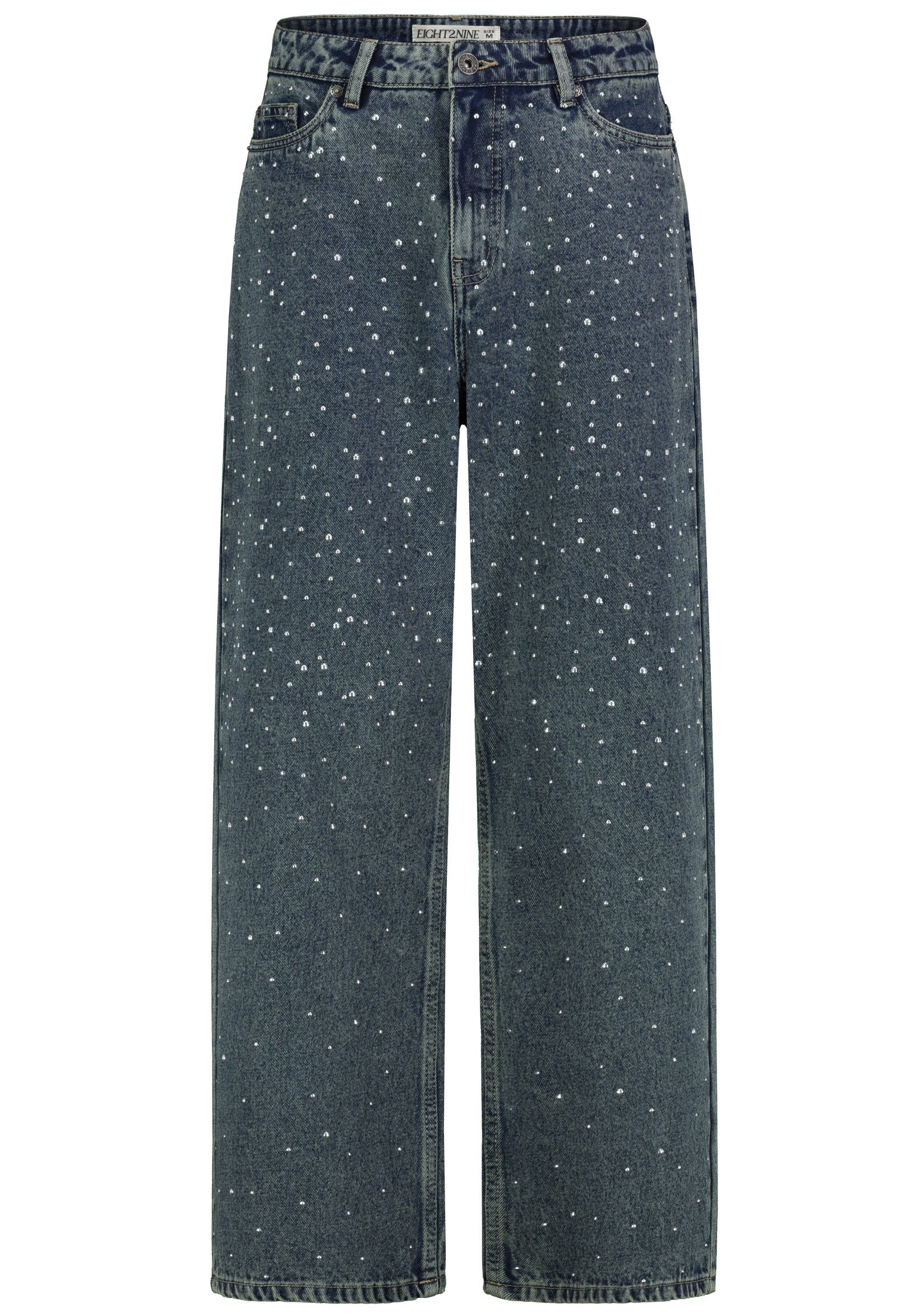 Eight2Nine High-waist-Jeans Damen Wide Leg Jeans mit Strassverzierung Denimhose, silberfarbene Nieten vorne