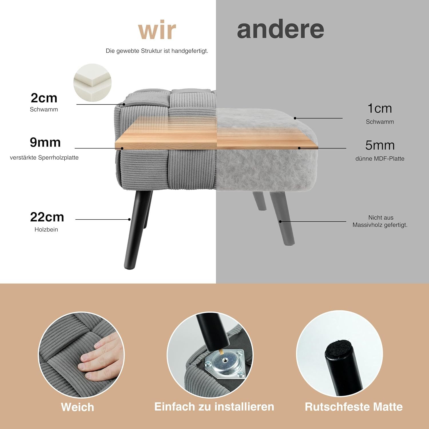 Zedelmaier Sitzhocker Ottoman Sitzbank Schminktisch Hocker Fußhocker Polsterhocker
