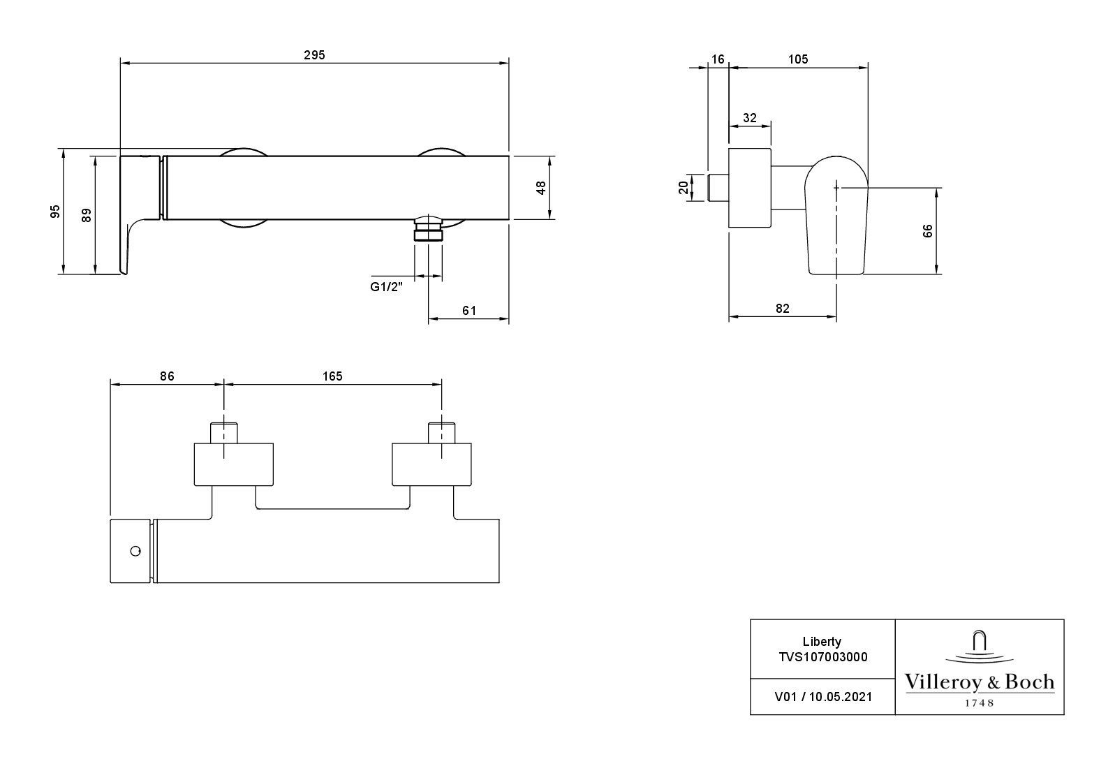 Villeroy & Boch Duscharmatur Liberty Einhebel, Wandmontage - Chrom