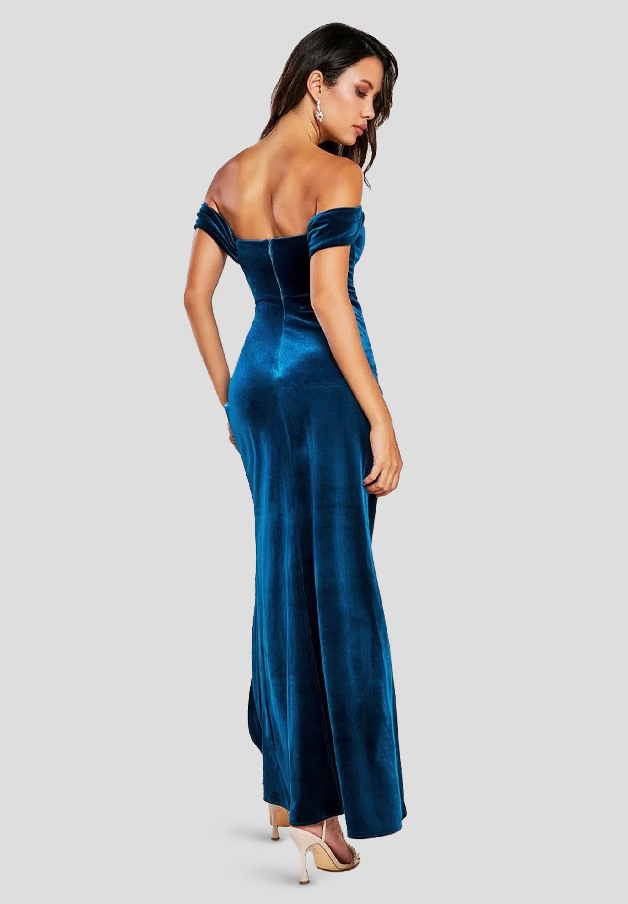 Goddiva Maxikleid Draped Shoulder Velvet Corset Maxi Dress langes Kleid, mit Schlitz