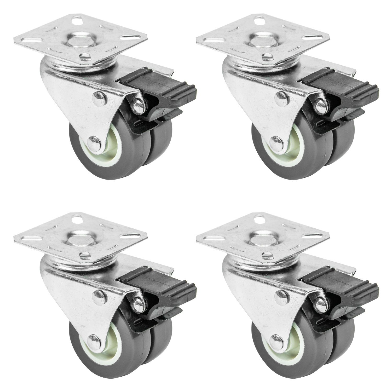 HMF Doppelrolle 6720 Doppelte Schwerlastrolle mit Bremse aus Polyurethan, (4 Stück, Set), Lenkrollen ø 50 mm, bis 400 kg, Grau