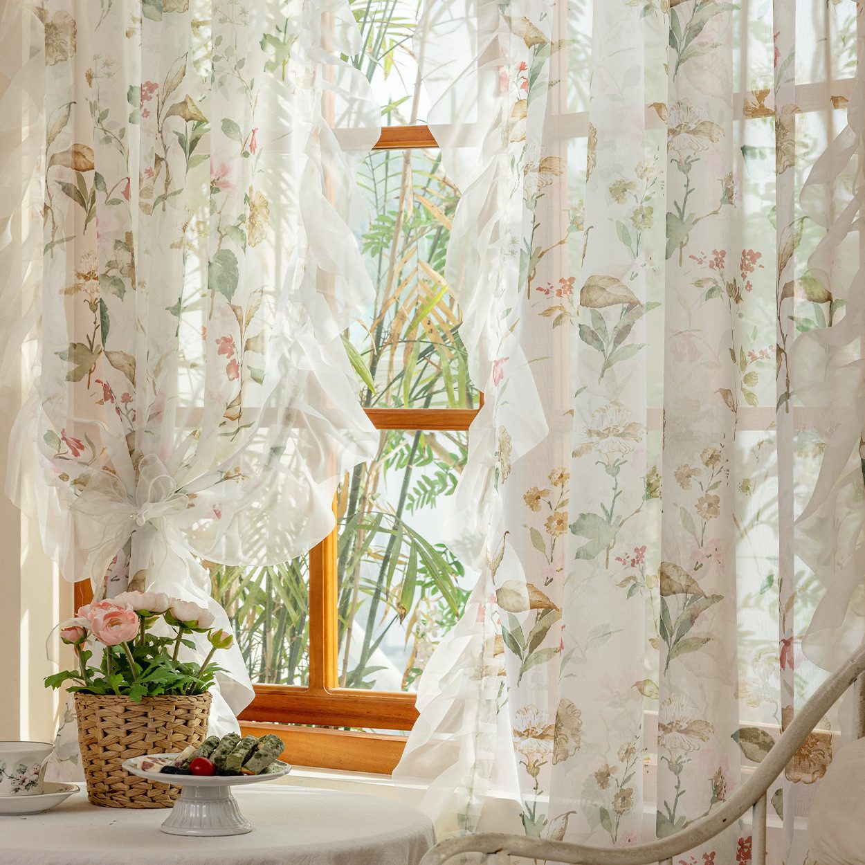 Diwzbyn Vorhang Kamelien-Blumenmuster-Vorhänge, Transparente Gardine mit Rüschenvolant, Boho-Vorhänge für Wohnzimmer und Schlafzimmer – Bild 5 von 5