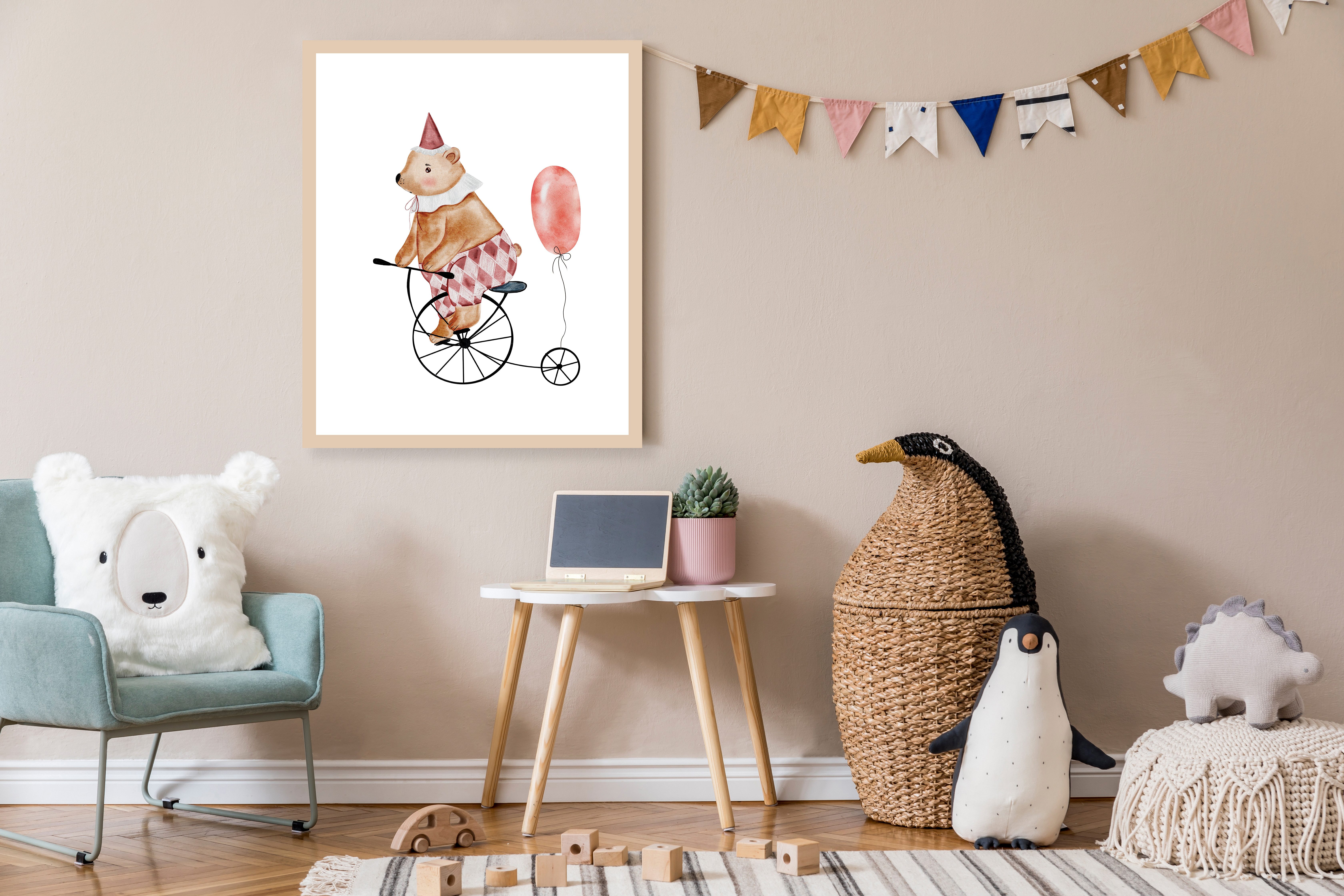 Lüttenhütt Bild mit Rahmen oder Poster, Bär mit Luftballon, Bär, Fahrräder, Fahrzeuge, Fantasy, Karneval, Luftballon, Tiere (1 St), HD Premium Druck