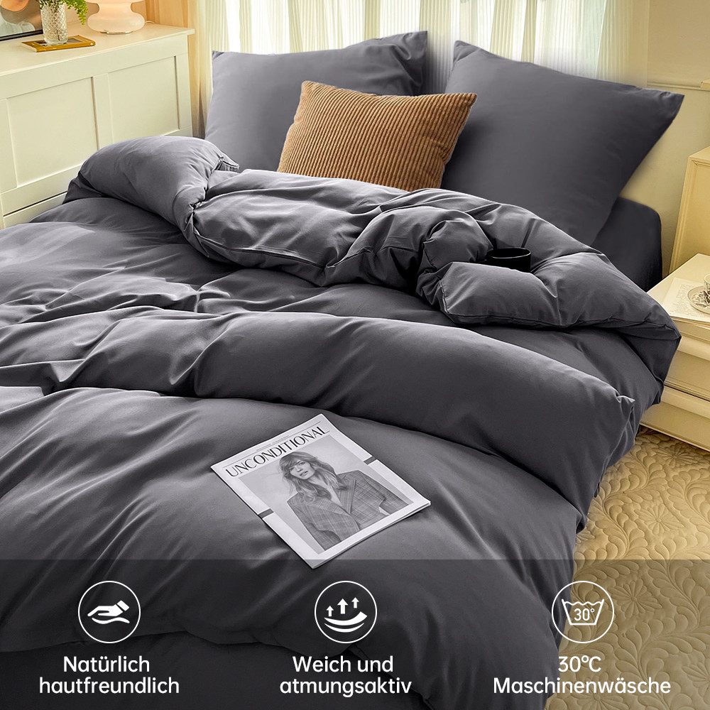Elegear Bettwäsche Bettwäsche 135×200/155x220/200x200cm Mikrofaser Bettwäsche-Set, Mikrofaser aus Polyester, 3 teilig, Bettbezug+Kopfkissenbezug*2, atmungsaktiv – Bild 4 von 5