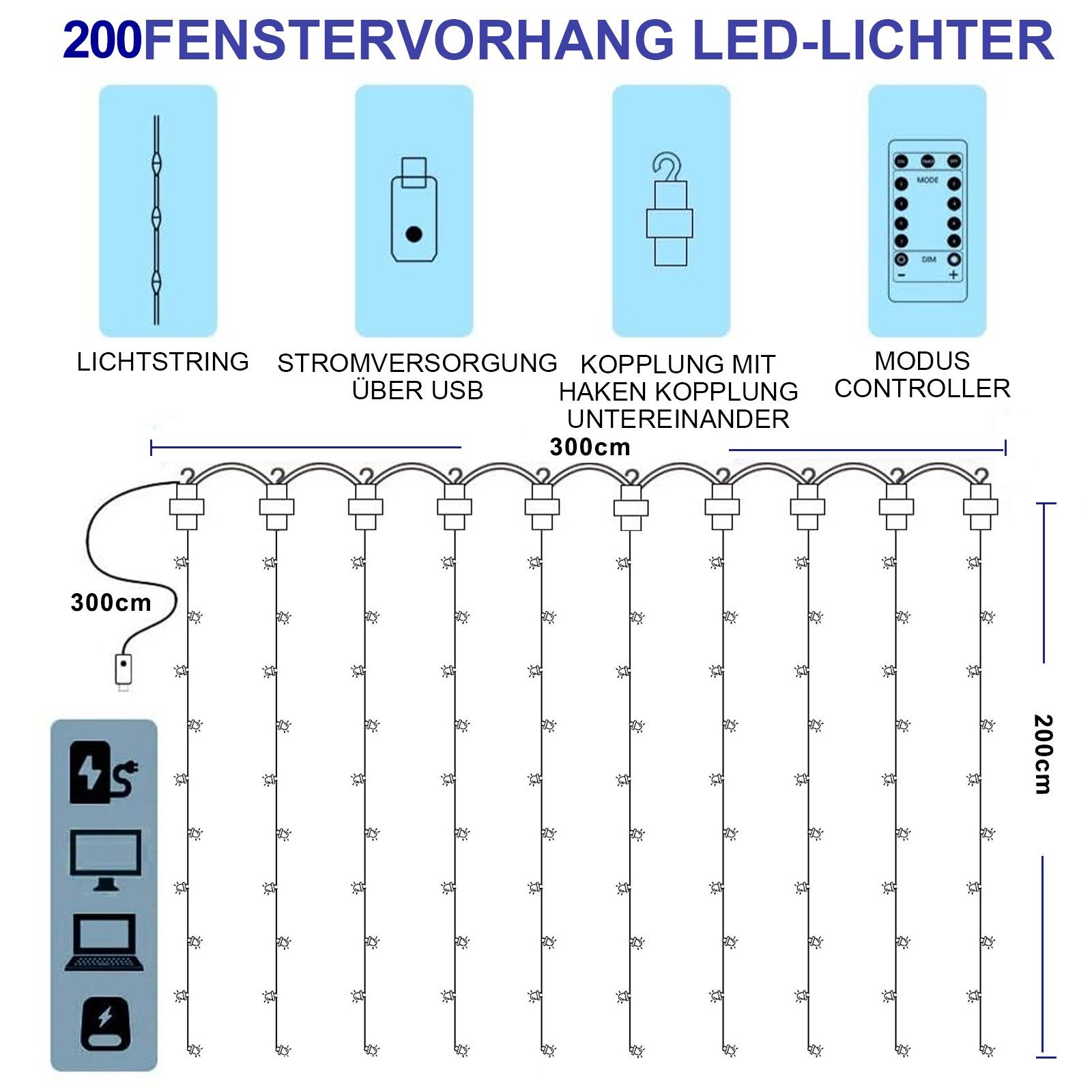 MUPOO LED-Lichterkette Timer, Modi, , 300 Warmweiß,Weiß 200 LED,8 Nachtlicht LED/3x3M USB,Lichtervorhang Deko,3x2M, Beleuchtung, LED
