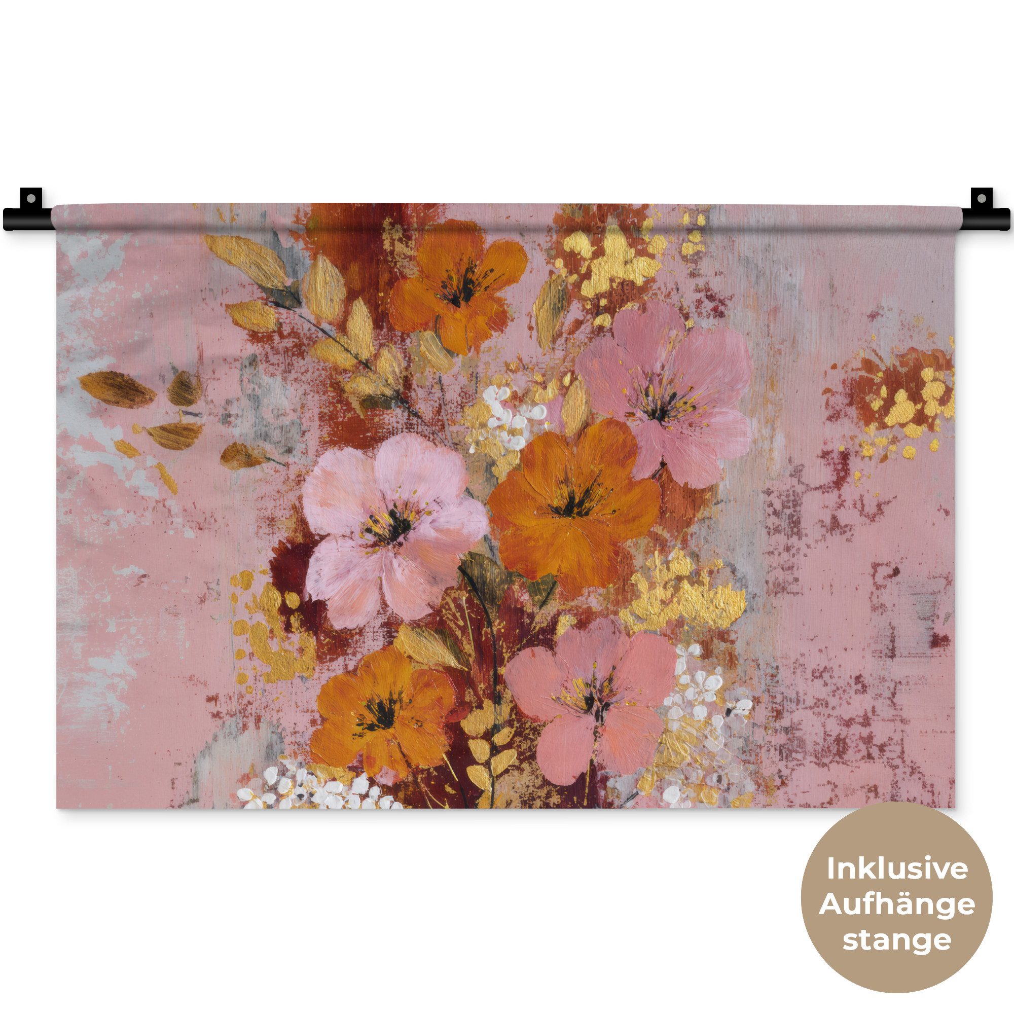 MuchoWow Wandteppich Malerei - Blumen - Rustikal - Rosa, Rechteckig, Höhe: 3 mm, Wandteppich für Wohnzimmer, Schlafzimmer, 60x40 cm