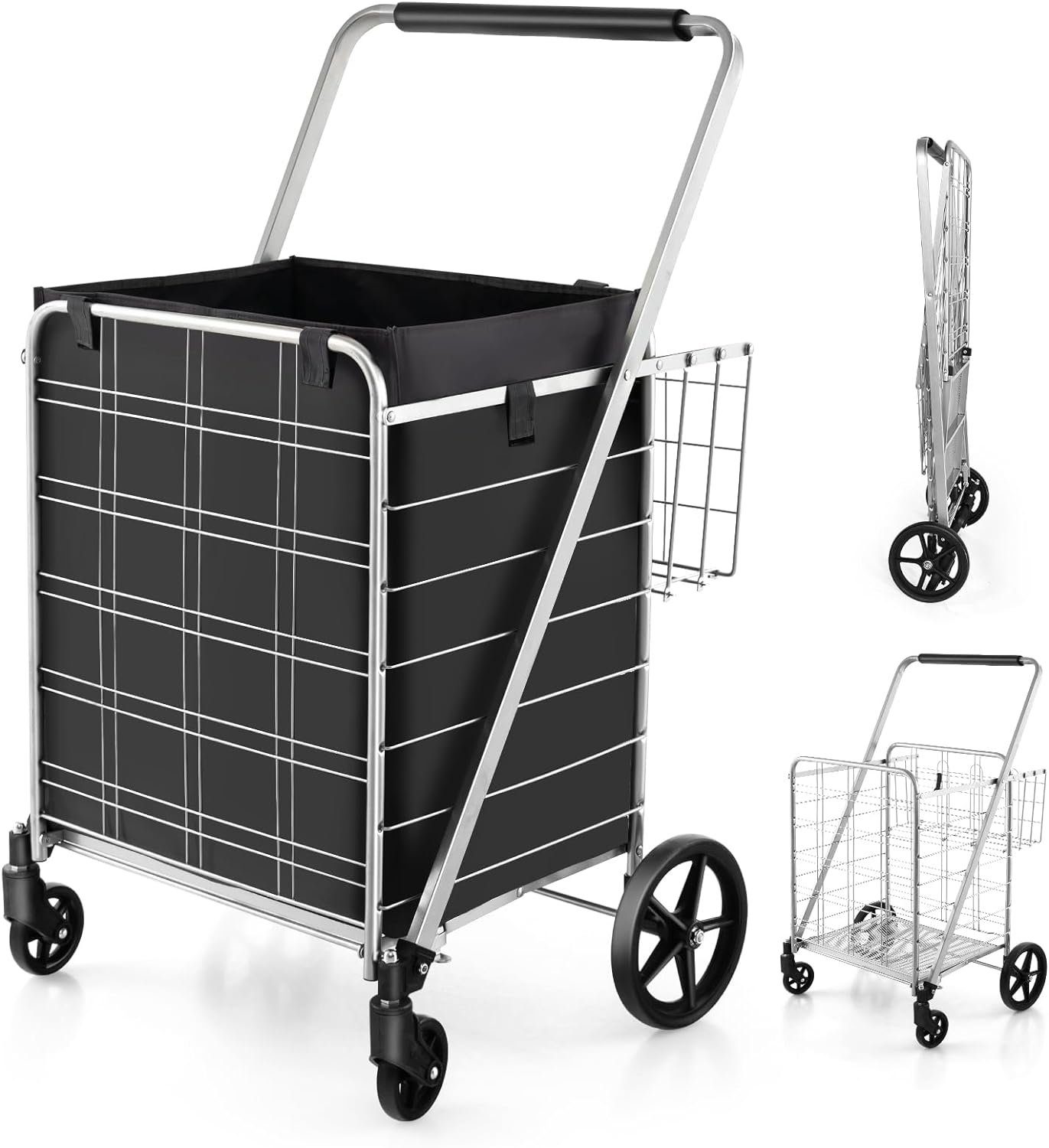KOMFOTTEU Einkaufstrolley klappbarer Einkaufswagen, mit Rollen & 2 Körben,  bis zu 40 kg belastbar