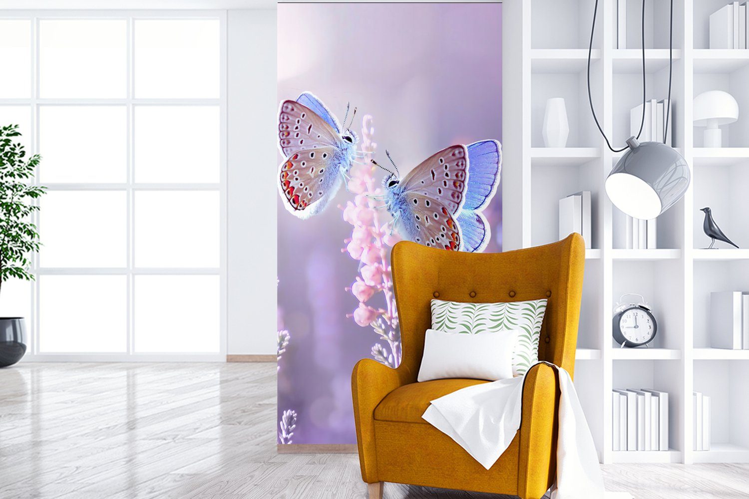 MuchoWow Fototapete Schmetterling Fototapete Vliestapete Lavendel Küche, - Schlafzimmer - bedruckt, (2 Lila, für Wohnzimmer Blumen - St), Matt