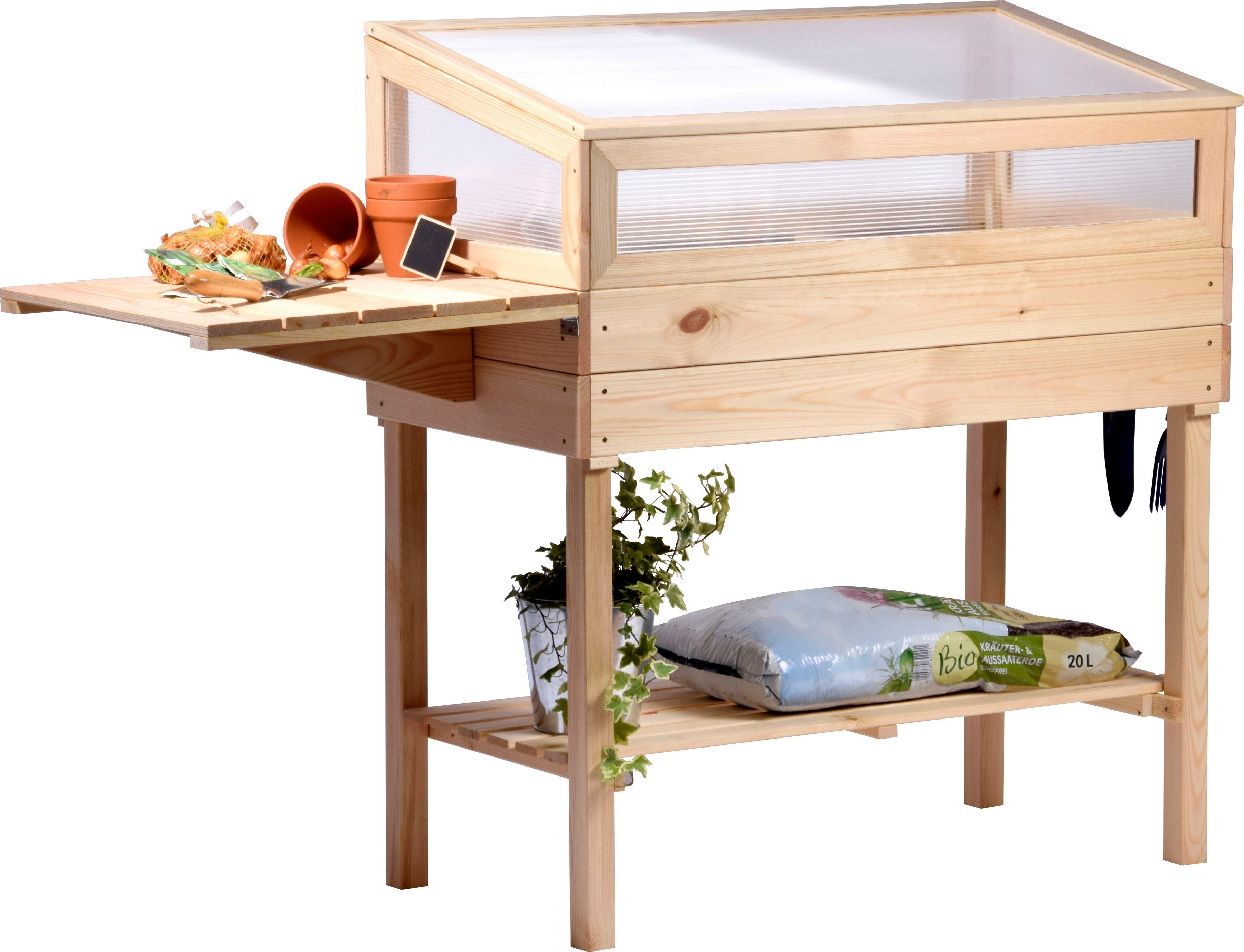 dobar Hochbeet, erhöhtes Frühbeet mit Tisch & Haken, Gr. L, transparent, Kiefer