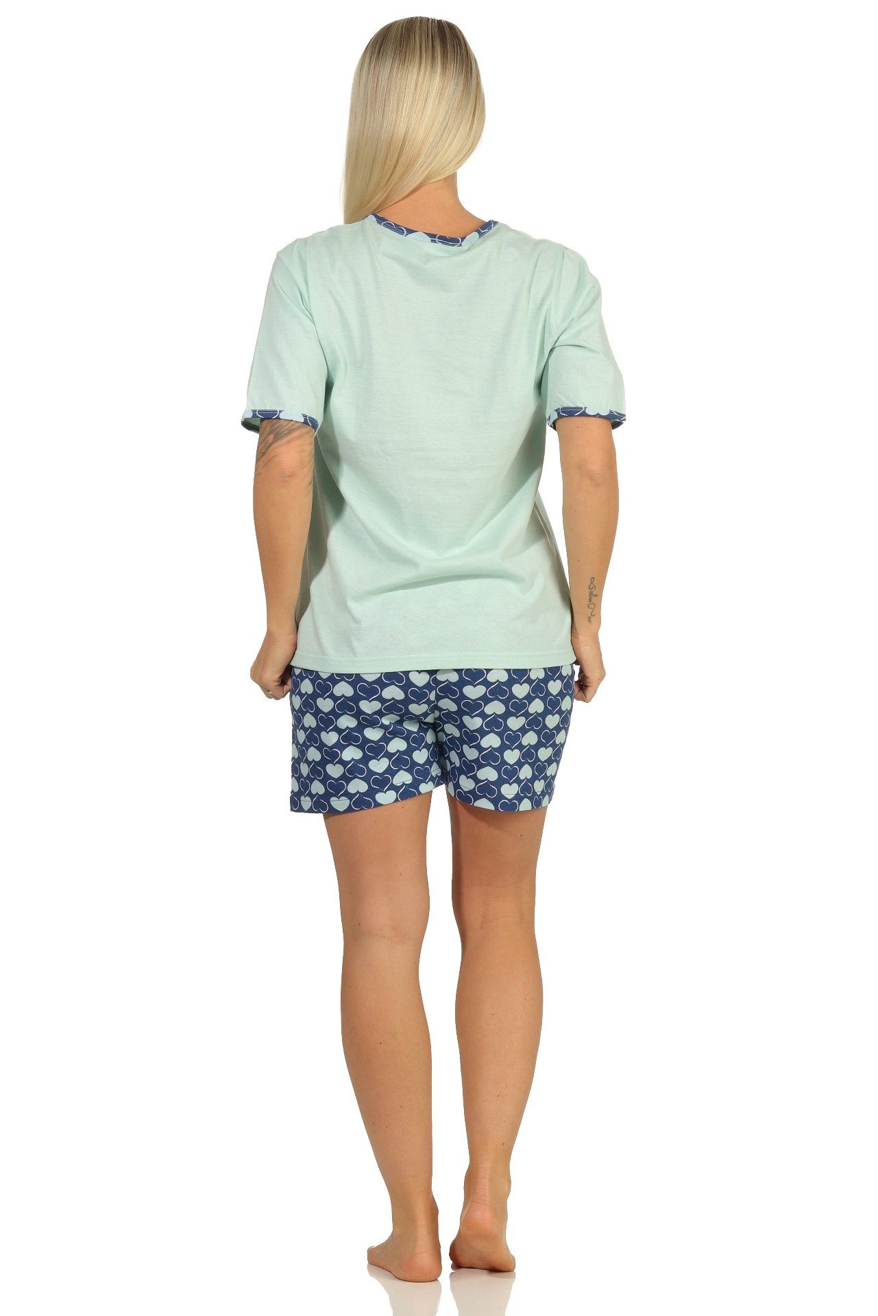 122 Pyjama Pyjama 10 - Damen Schlafanzug Herz-Design im Shorty Normann türkis 603 RELAX by kurzarm
