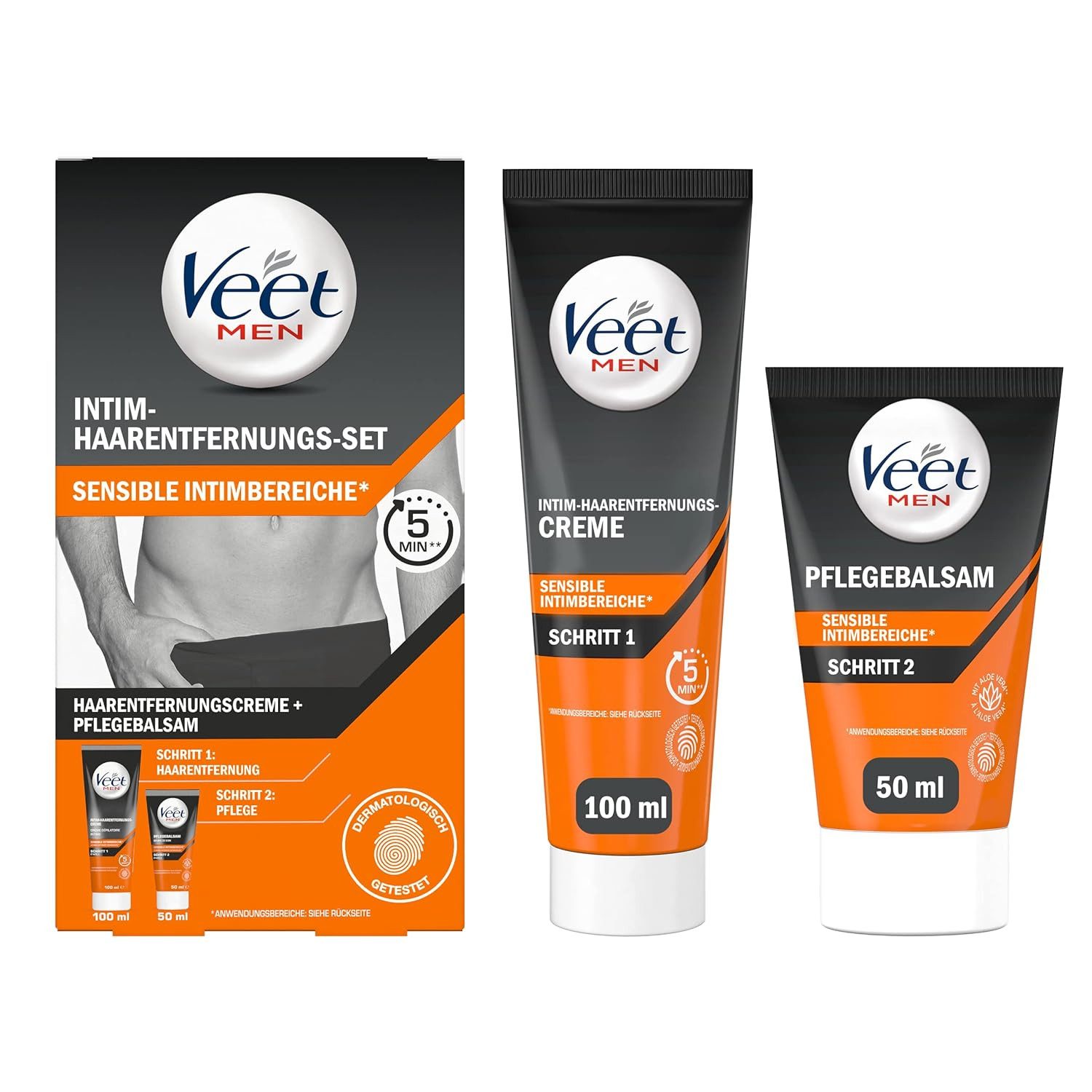 Veet MEN Enthaarungscreme (2 x 100ml) mit Spatel + Pflegebalsam (2 x 50 ml), Spar-Pack, 4 St., speziell für die Anwendung im sensiblen Intimbereich