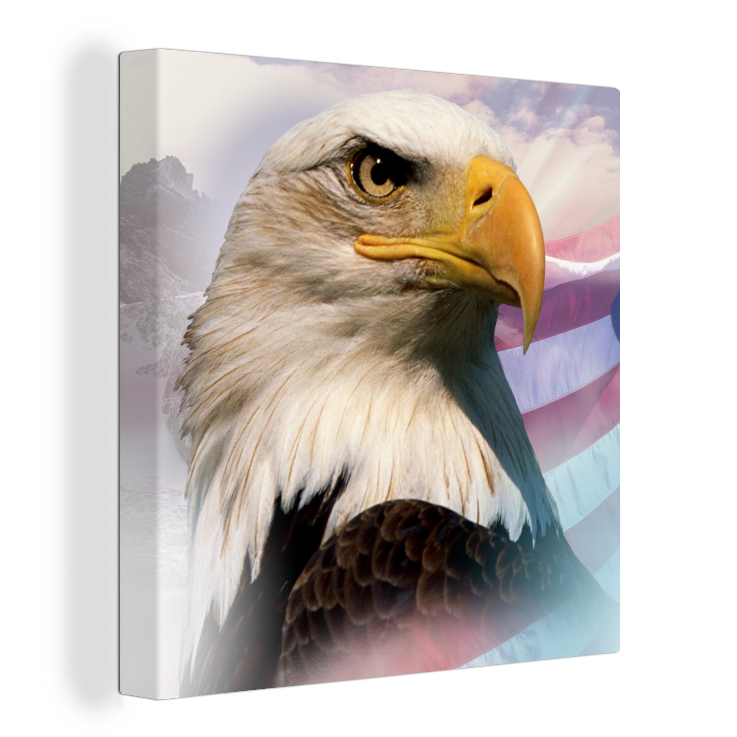 OneMillionCanvasses® Leinwandbild Ein amerikanischer Weißkopfseeadler mit einer amerikanischen Flagge, (1 St), Leinwand Bilder für Wohnzimmer Schlafzimmer | Leinwandbilder
