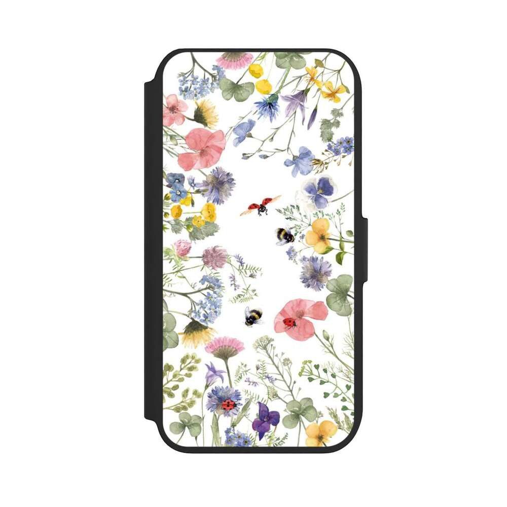 NIVOCASE Handyhülle Biene Blumen Muster Bunte Frühlingsblumen und Bienen, Apple iPhone 7 Klapphülle Handyhülle aus Kunst Leder NIVOflip schwarz