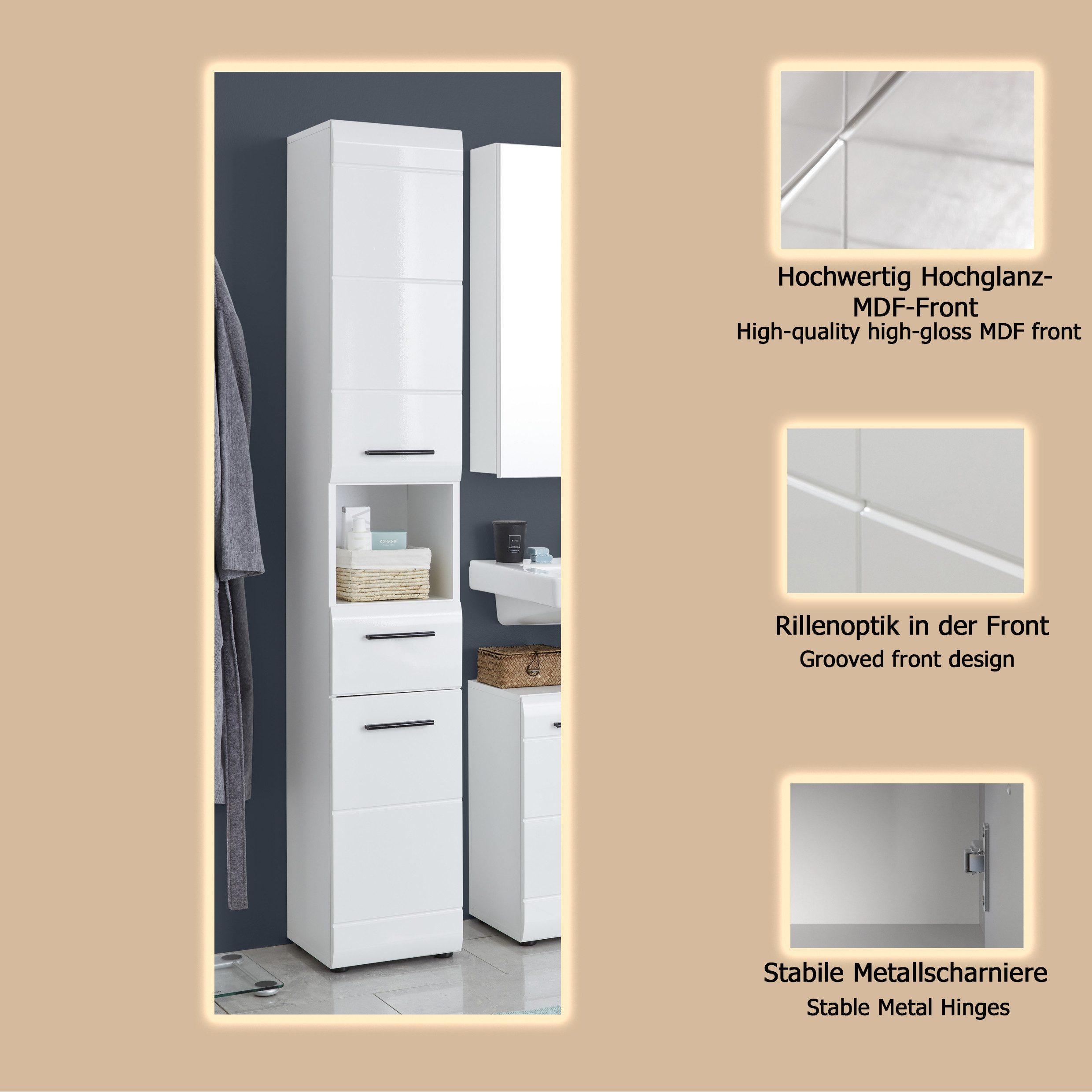welltime Hochschrank Sovana Badschrank mit einer Schublade und 5 Fächern - (B/T/H) 30/31/182 cm