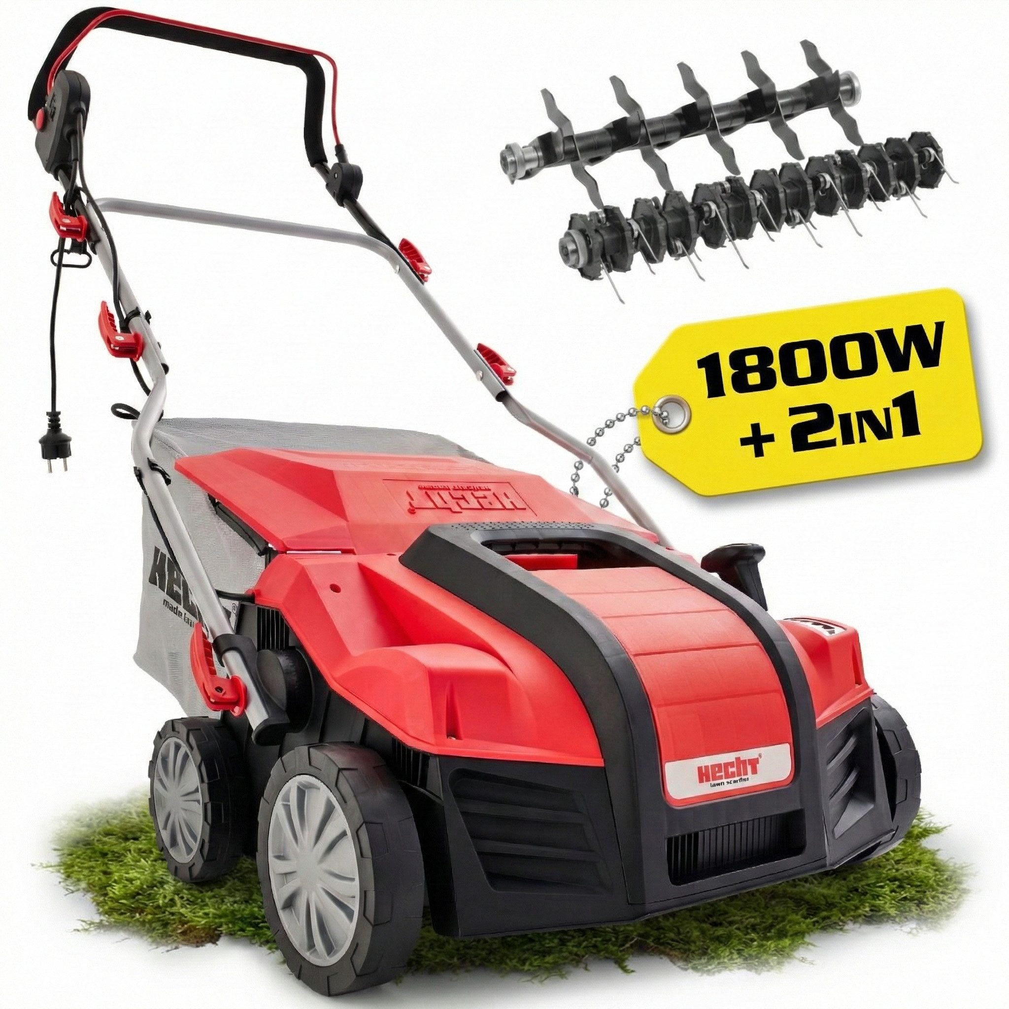 Hecht Elektro-Vertikutierer / Lüfter Rasenlüfter 1848 2in1 mit 55 Liter Grasfangkorb, 38,30 cm Arbeitsbreite, 1800 Watt, 20 Vertikutiermesser