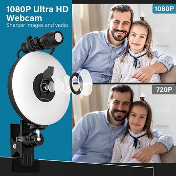 Diyarts Full HD-Webcam (1080P Full HD, Ultimative Aufnahmefunktionen, mit Ringlicht, Autofokus, Rauschunterdrückung, & Vielseitiger Platzierungsoptionen)