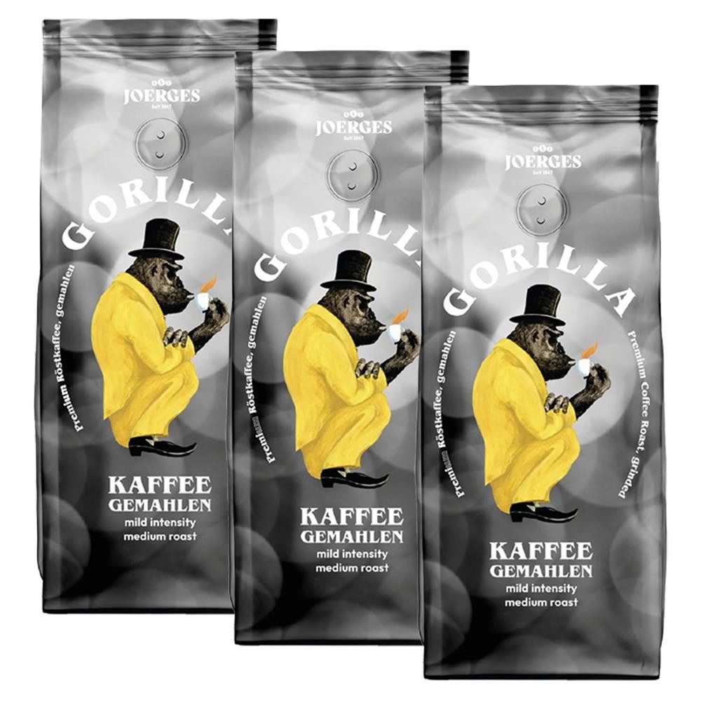 Gorilla Kaffee Joerges Kaffee gemahlen mild Kaffeepulver, 3 x 500 g, milder & ausgewogener Geschmack mit sanfter Säure