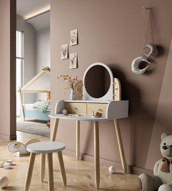 habeig Schminktisch Kinderschminktisch Kindertisch mit Hocker Spiegel Holz, 94 x 58 x 49 cm