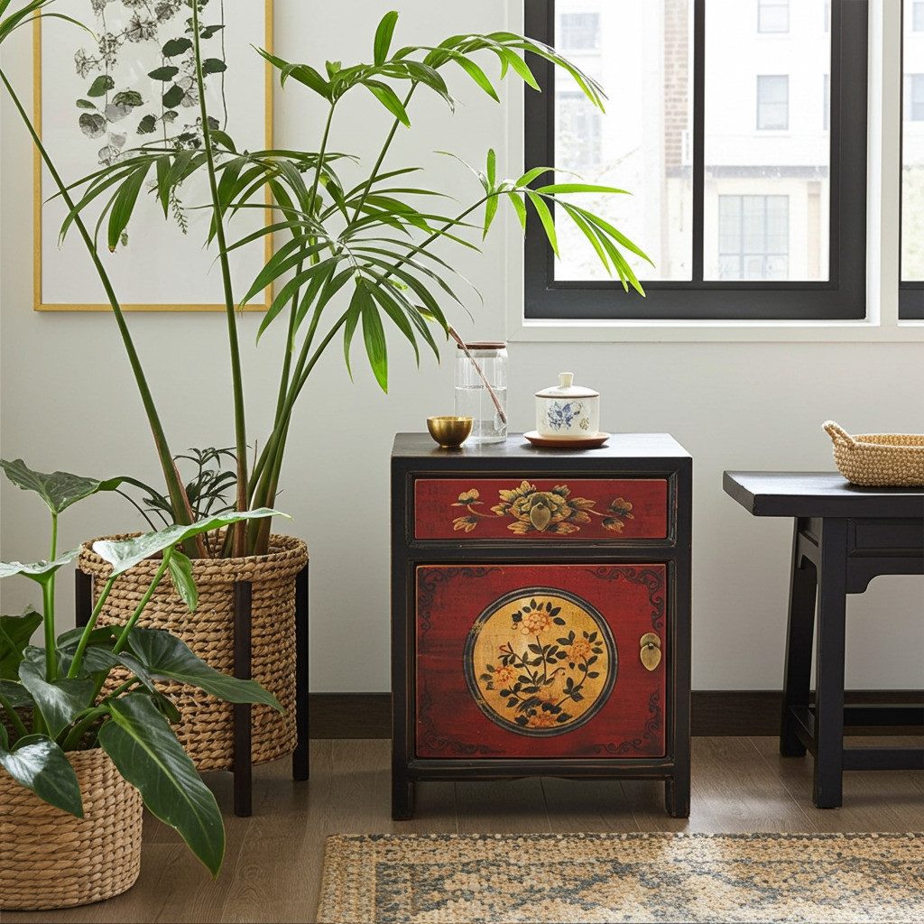 OPIUM OUTLET Nachtkommode Nachttisch Vintage-Stil (Möbel asiatisch orientalisch chinesisch shabby-chic, Breite x Tiefe x Höhe: 45 x 33 x 55 cm, Lieferung komplett montiert), Nachtschrank Schrank Kommode