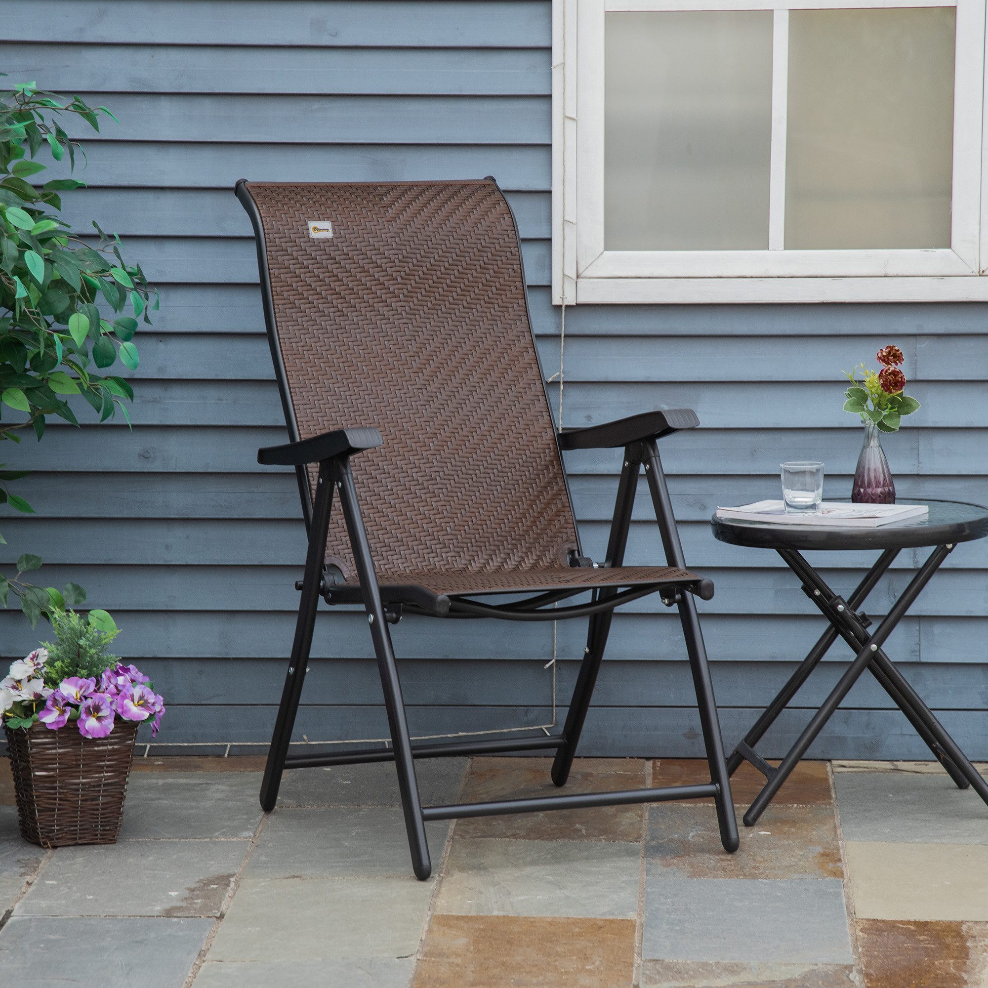 CHICFURN Gartenstuhl Polyrattan Klappstuhl mit 7-stufig verstellbarer Rückenlehne (mit Armlehne, Faltbarer Gartenstuhl für Balkon, Terrasse & Garten, 1 St), 58 x 71 x 111 cm Leichter Outdoor-Stuhl mit flexibler Sitzposition