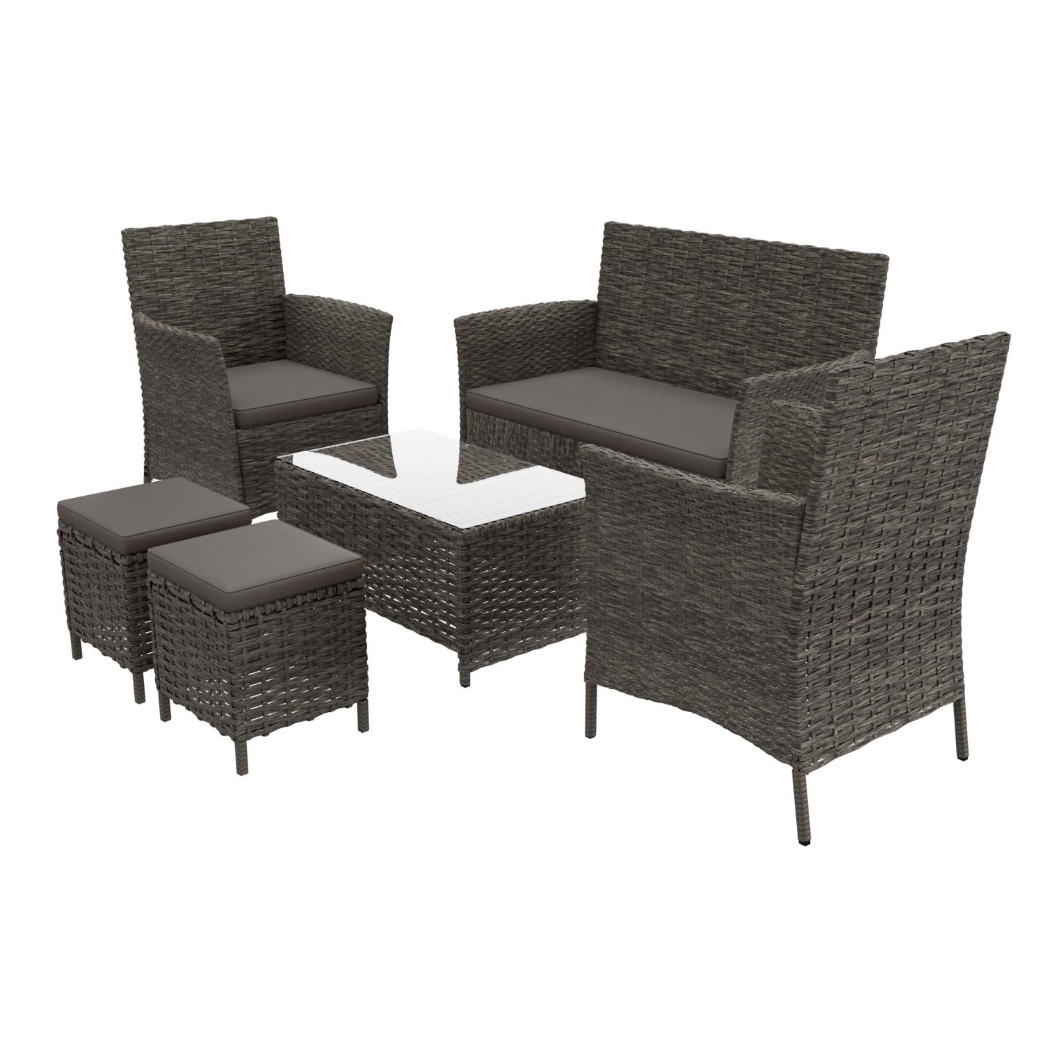 GARMIO Gartenlounge-Set Sitzgruppe Gartenlounge Set ASTI, (inkl. Kissen, mit Fußhocker, 6-teilig mit Stühlen, Sitzbank und Tisch), wetterfest und belastbar