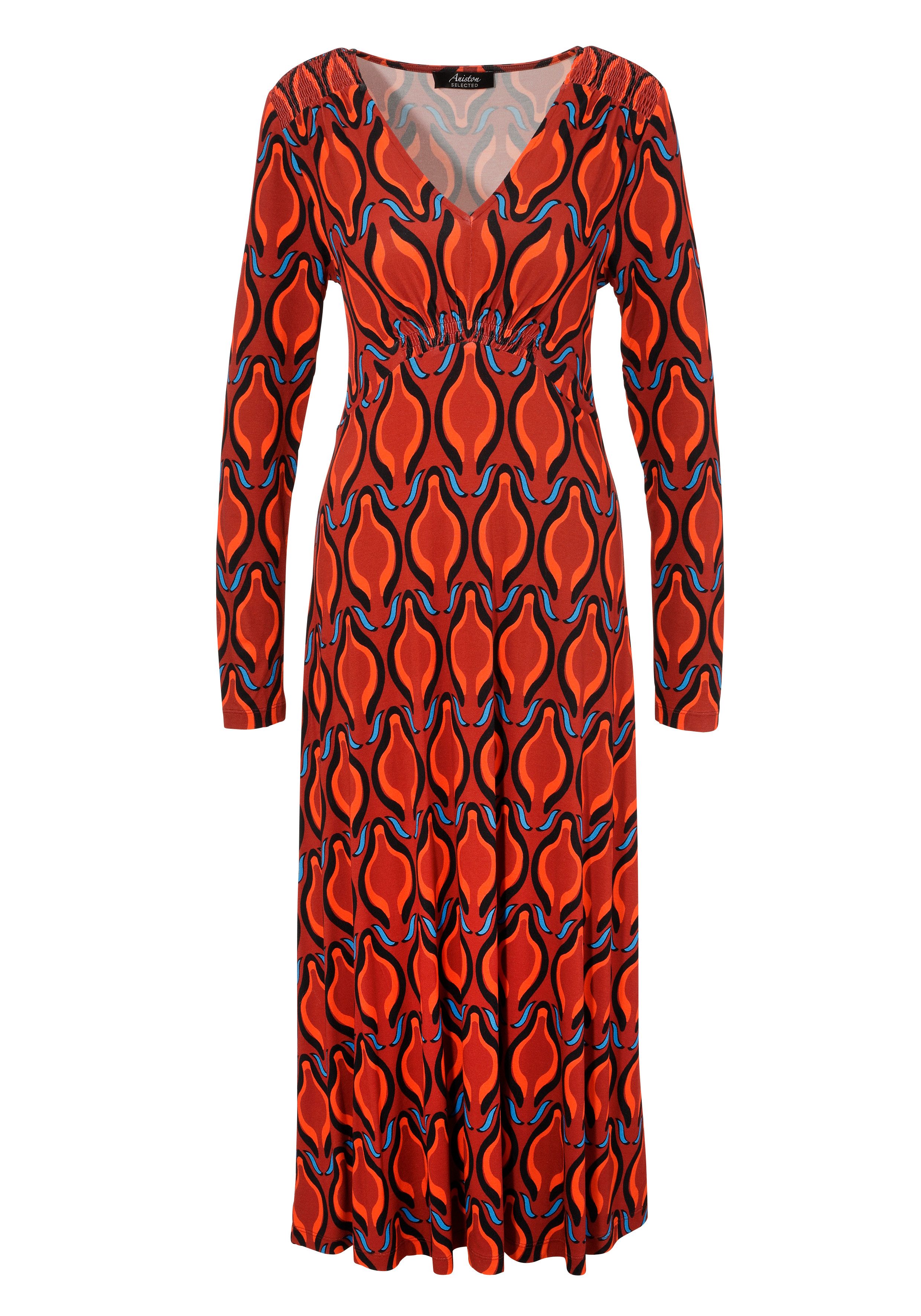 Aniston SELECTED Midikleid mit Smok-Einsätzen und Retro-Druck