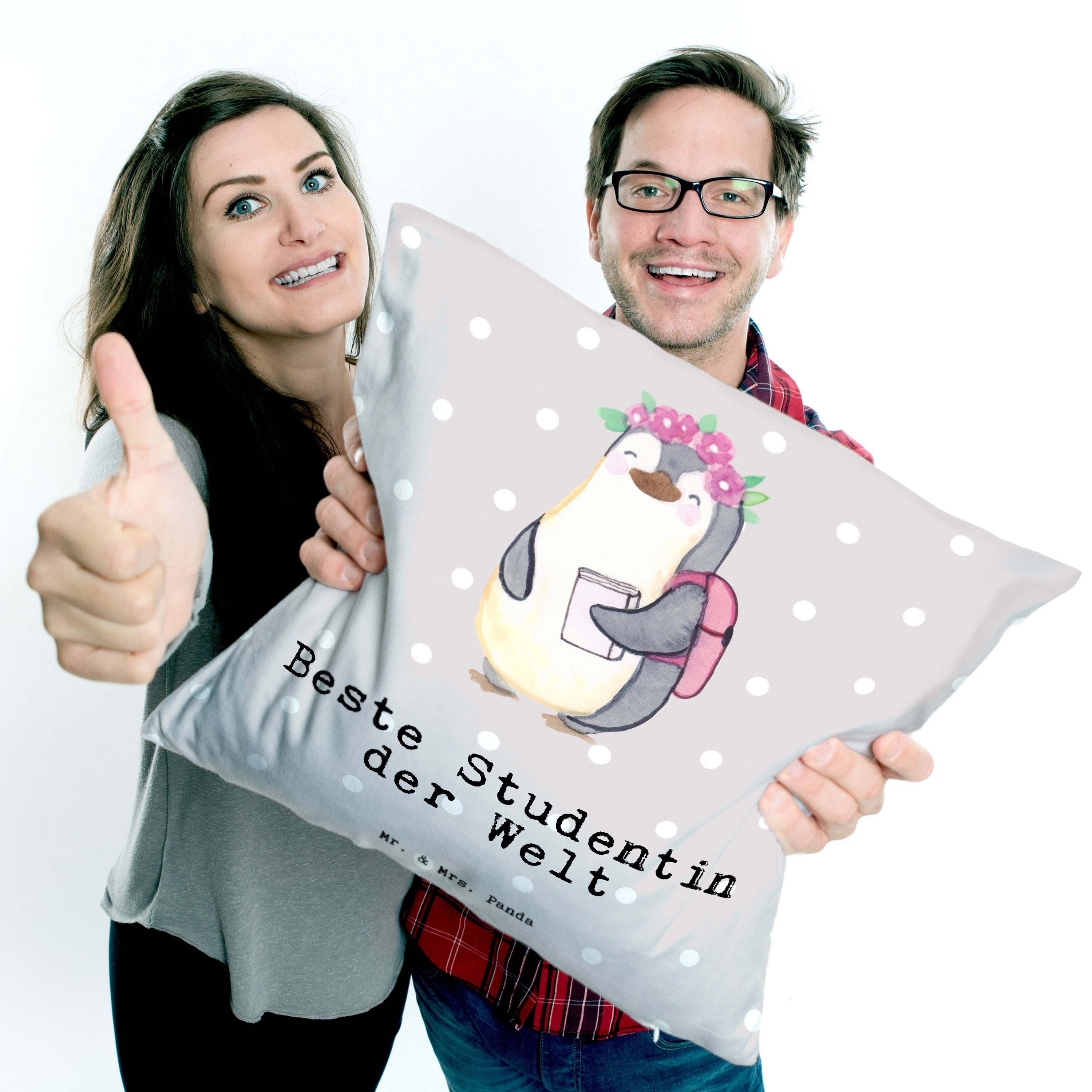 Geschenk, - Grau Pastell Pinguin Mrs. Mr. der & Dekokissen Welt Panda Studentin - Dankeschö Beste
