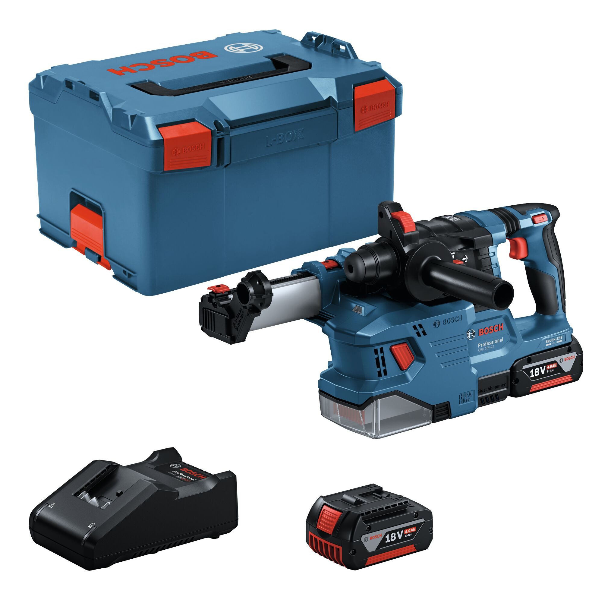 BOSCH Akku-Kombibohrhammer GBH 18V-22, 18 V, max. 1050 U/min, Bohrhammer mit SDS plus mit 2x Akku 4 Ah - in L-BOXX 238