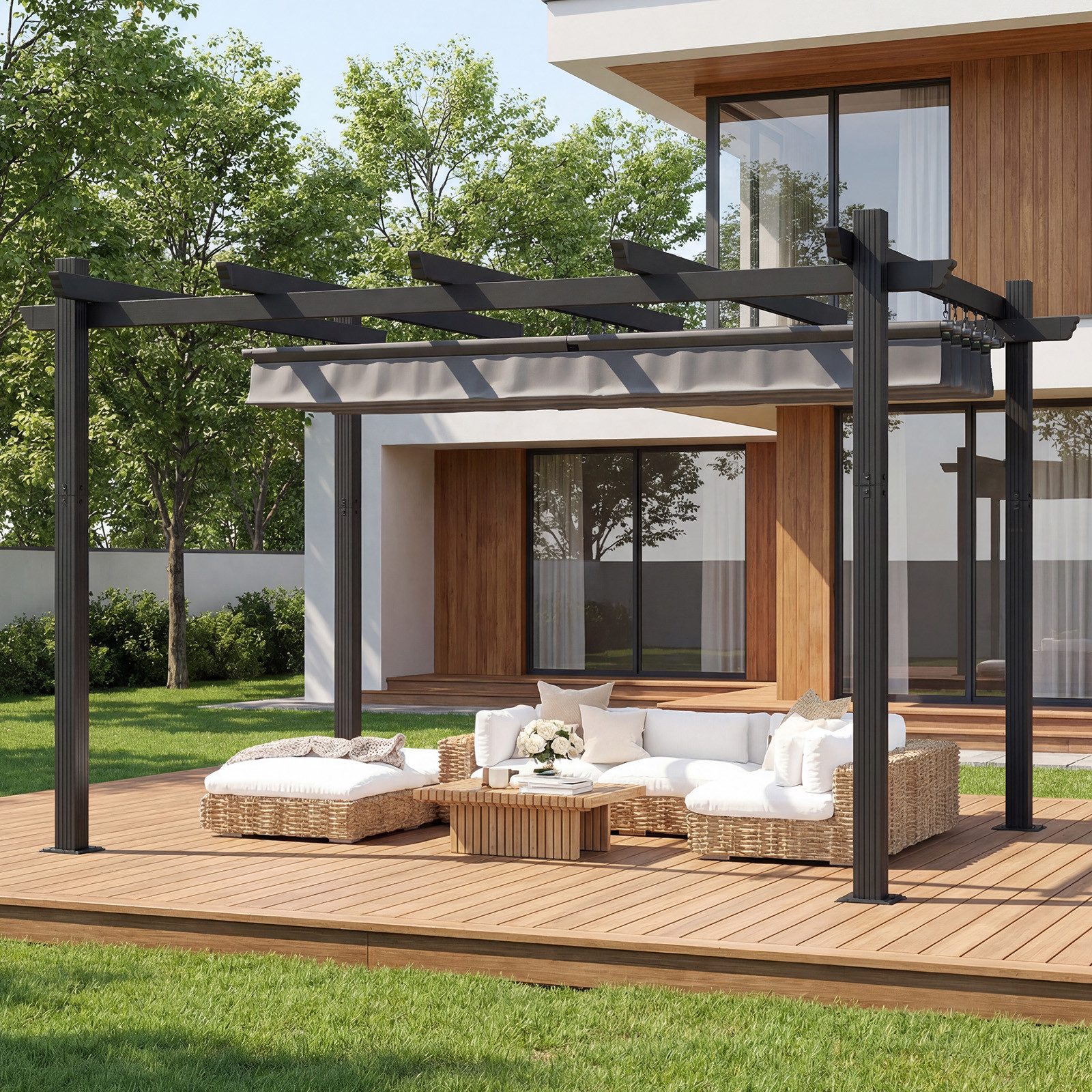 HOMALL Pavillon Pergola 3x3/3x4m Gartenpavillon Pavillon mit Aluminiumrahmen, (Terrassenüberdachung mit Magnetbefestigung für Garten), Manuell verstellbares Schiebedach