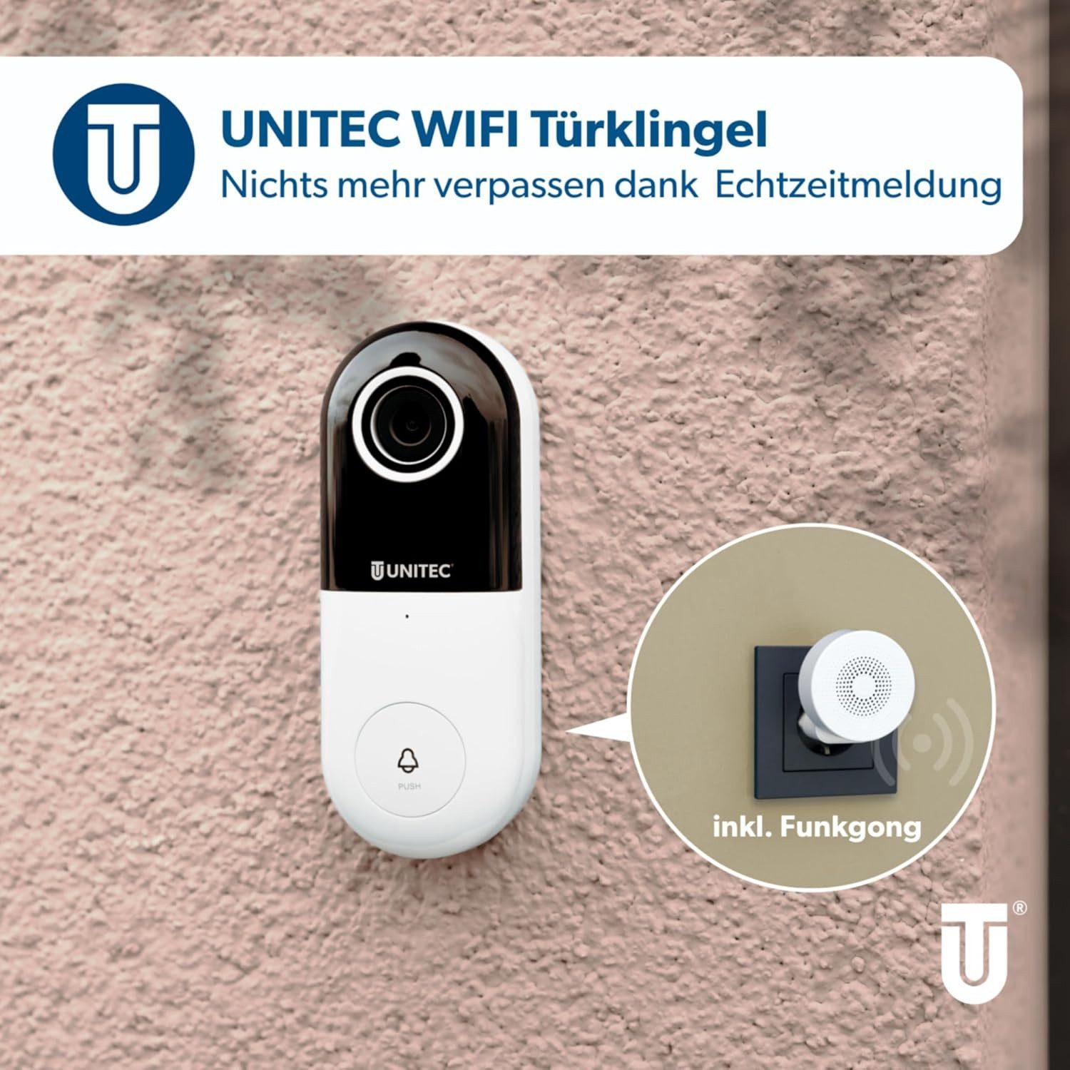 UNITEC Smart Home Türklingel WLAN Video Türsprechanlage mit HD Kamera (Außenbereich, Set, Komplett-Set Sprechanlage mit Kamera und Gong, Set Smart Türklingel WiFi Aufputz Klingel mit App 1080p Full HD)