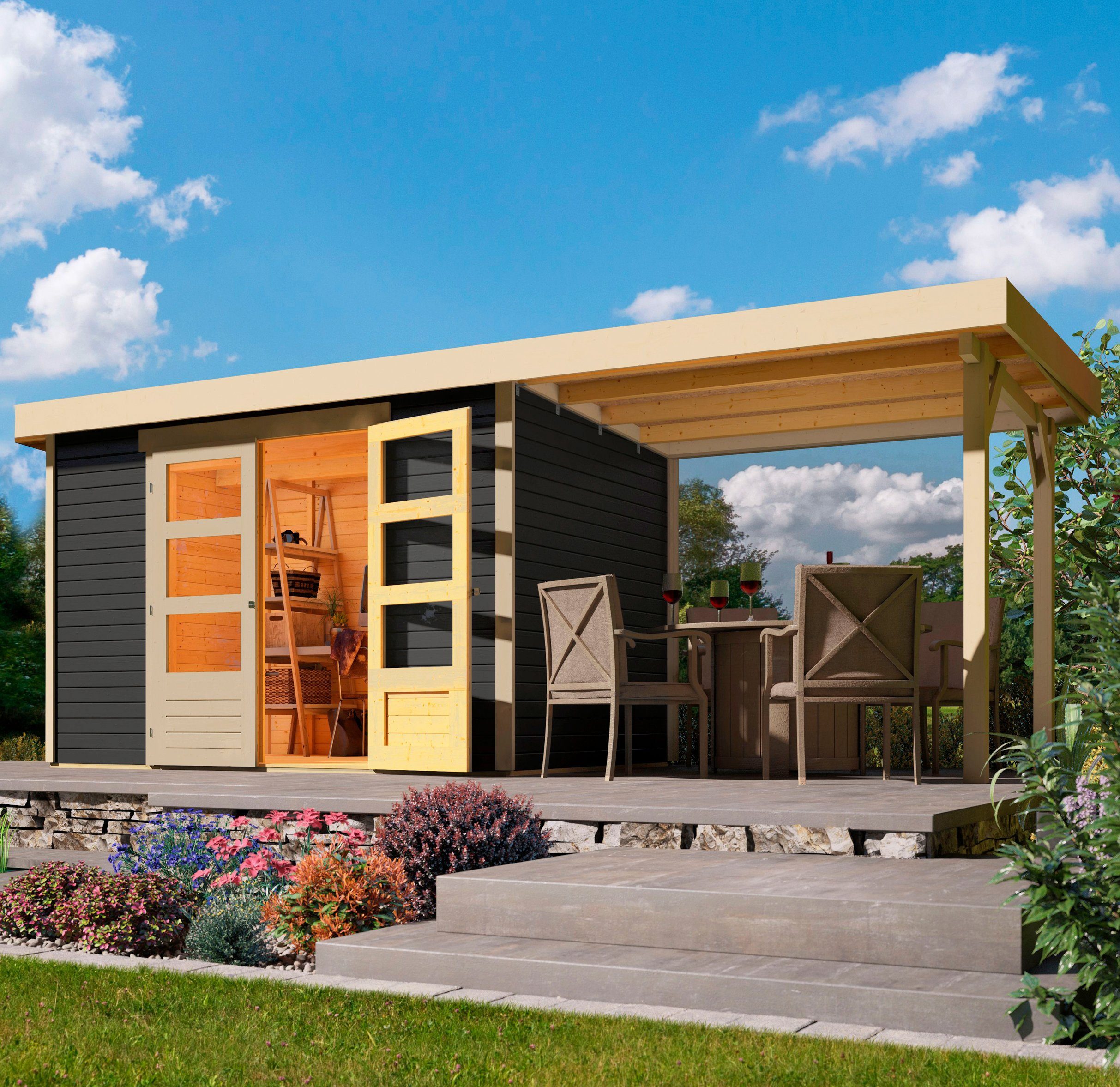 Karibu Gartenhaus Arnis, BxT: 330x238 cm, (Set), mit Anbaudach 2,40 cm Breite