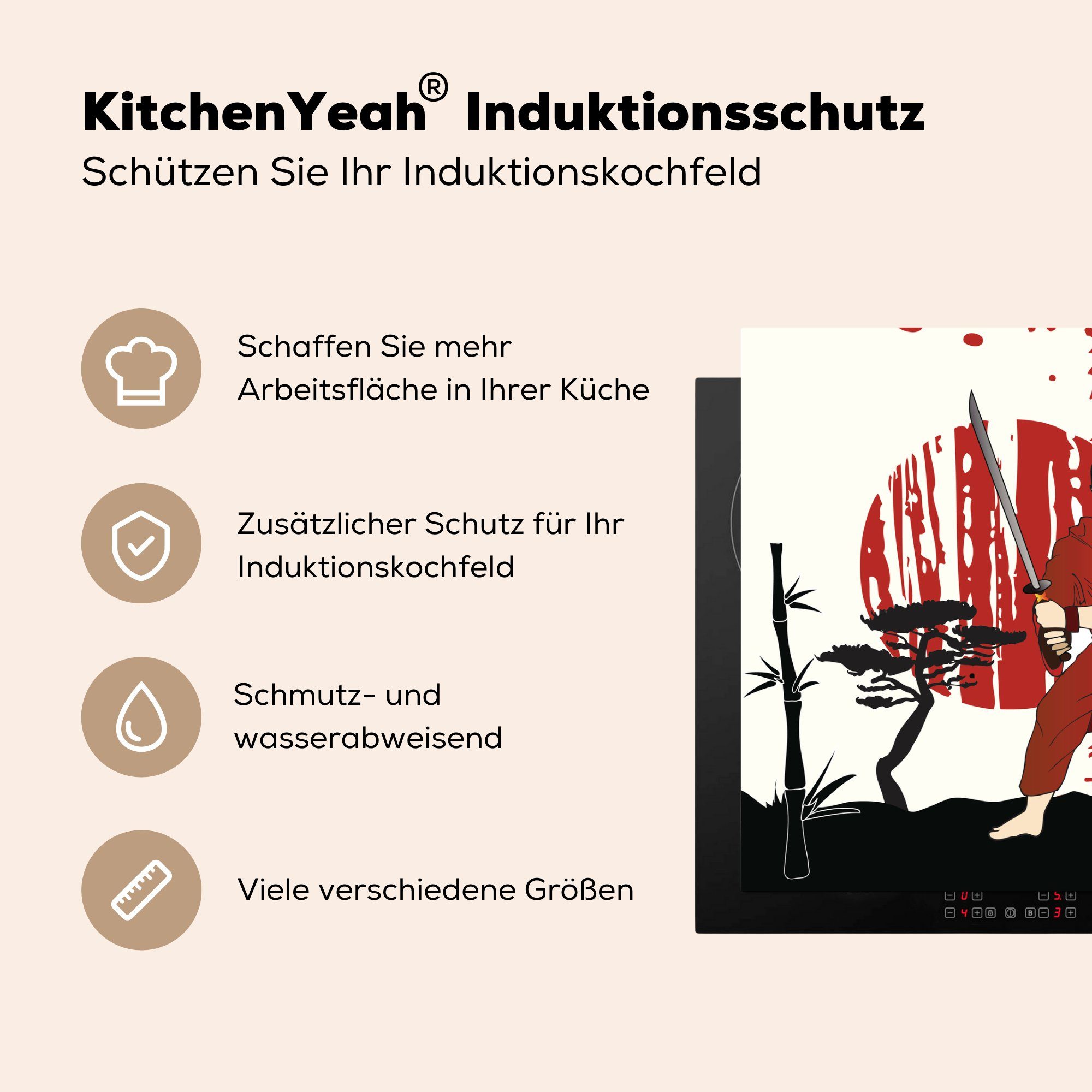 Arbeitsfläche MuchoWow Samurai, Vinyl, (1 tlg), Eine nutzbar, des Herdblende-/Abdeckplatte cm, Illustration Mobile Ceranfeldabdeckung 70x52 abstrakte