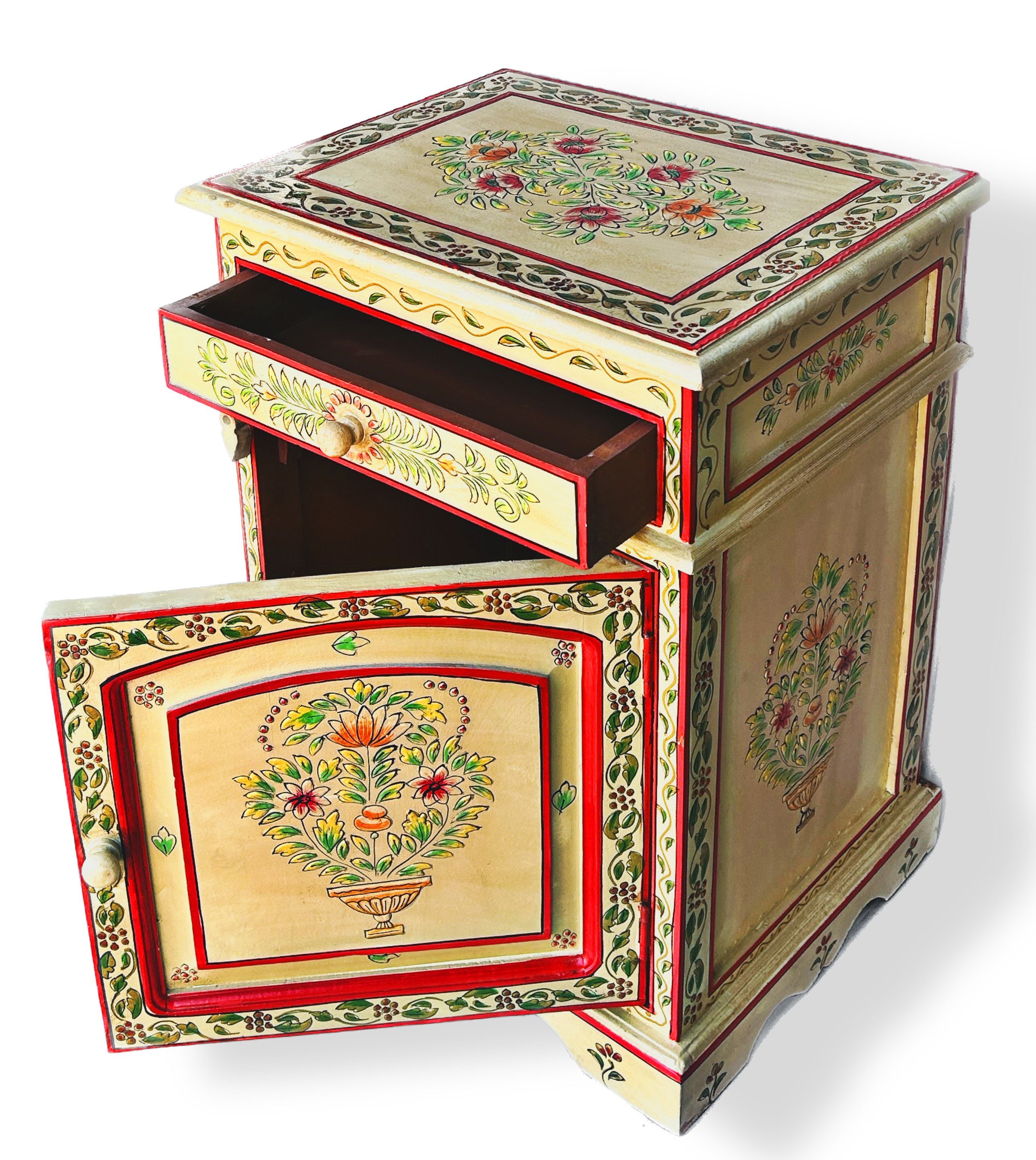 OPIUM OUTLET Nachtkommode Indisches Schränkchen Asia Nachttisch Schrank orientalische Kommode (Kleiner Nacht-Schrank komplett montiert), orientalische Schlafzimmer-Kommode Konsole rot-beige handbemalt