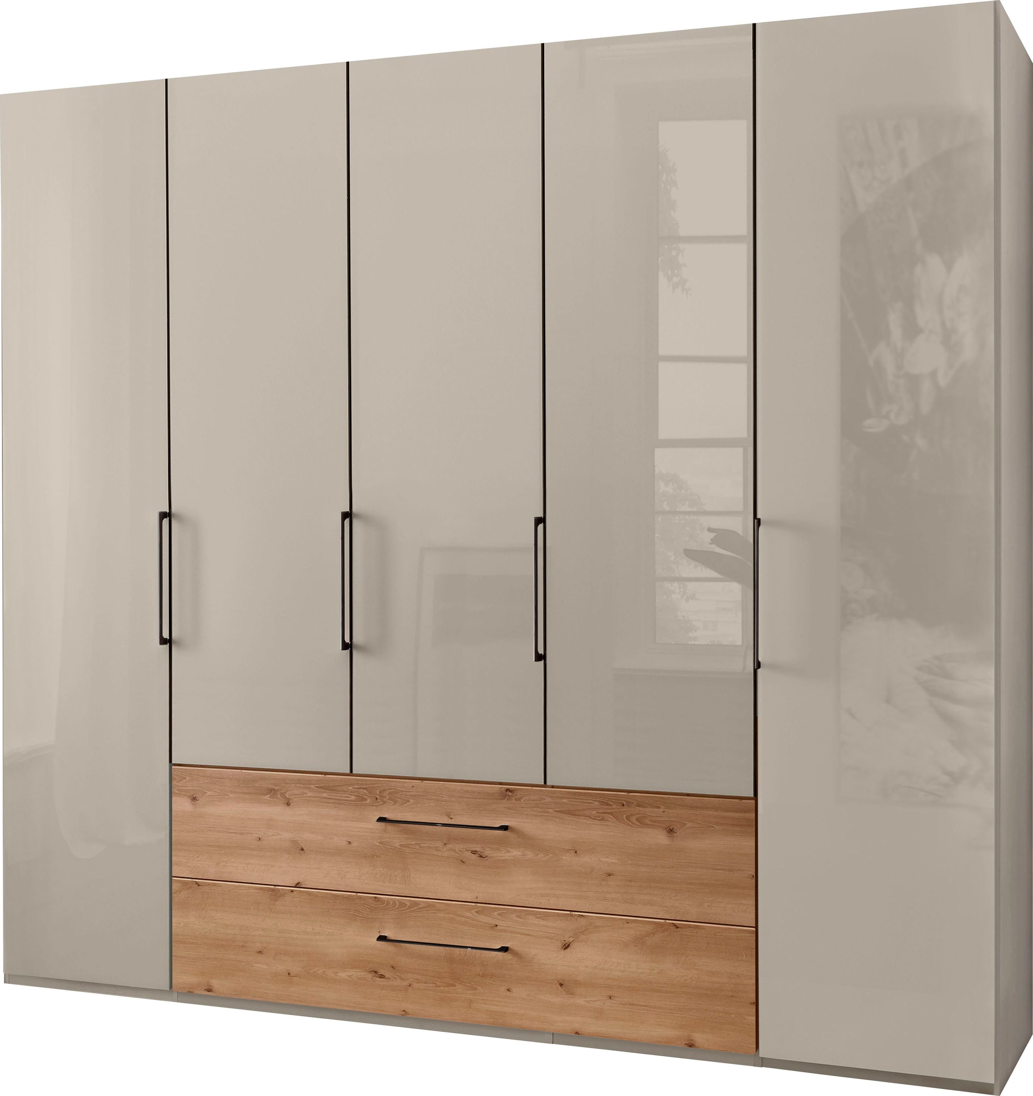 WIEMANN Kleiderschrank Schiefer im inkl. Holzfarbton hochwertige Schubkästen Champagner/Bianco-Eiche-Nachbildung/Griffe: Glasfront Champagner/Glas Metz