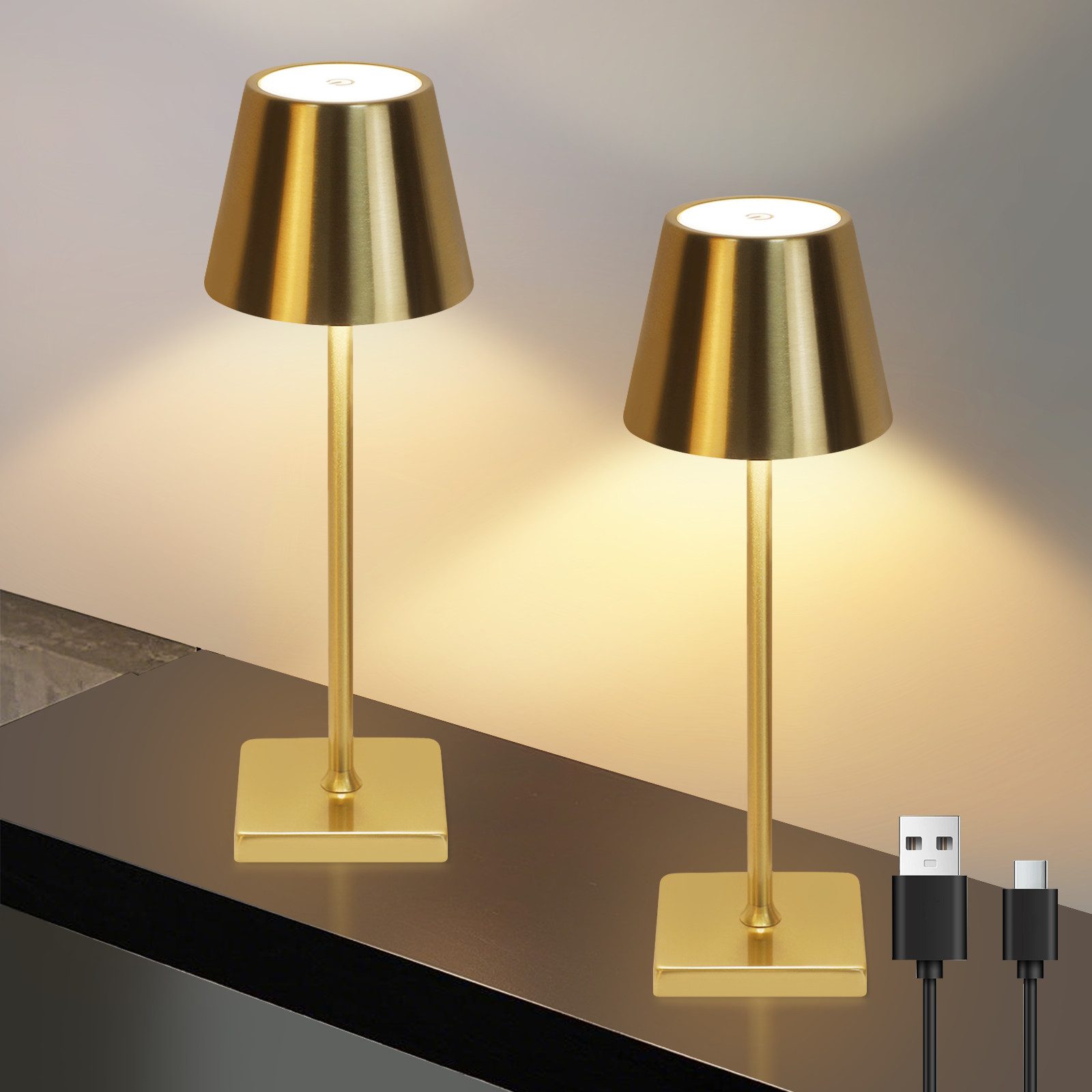 LED Tischleuchte Kabellos 3 Farbtemperatur Gold Vintage Nachttischlampe Schlafzimmer