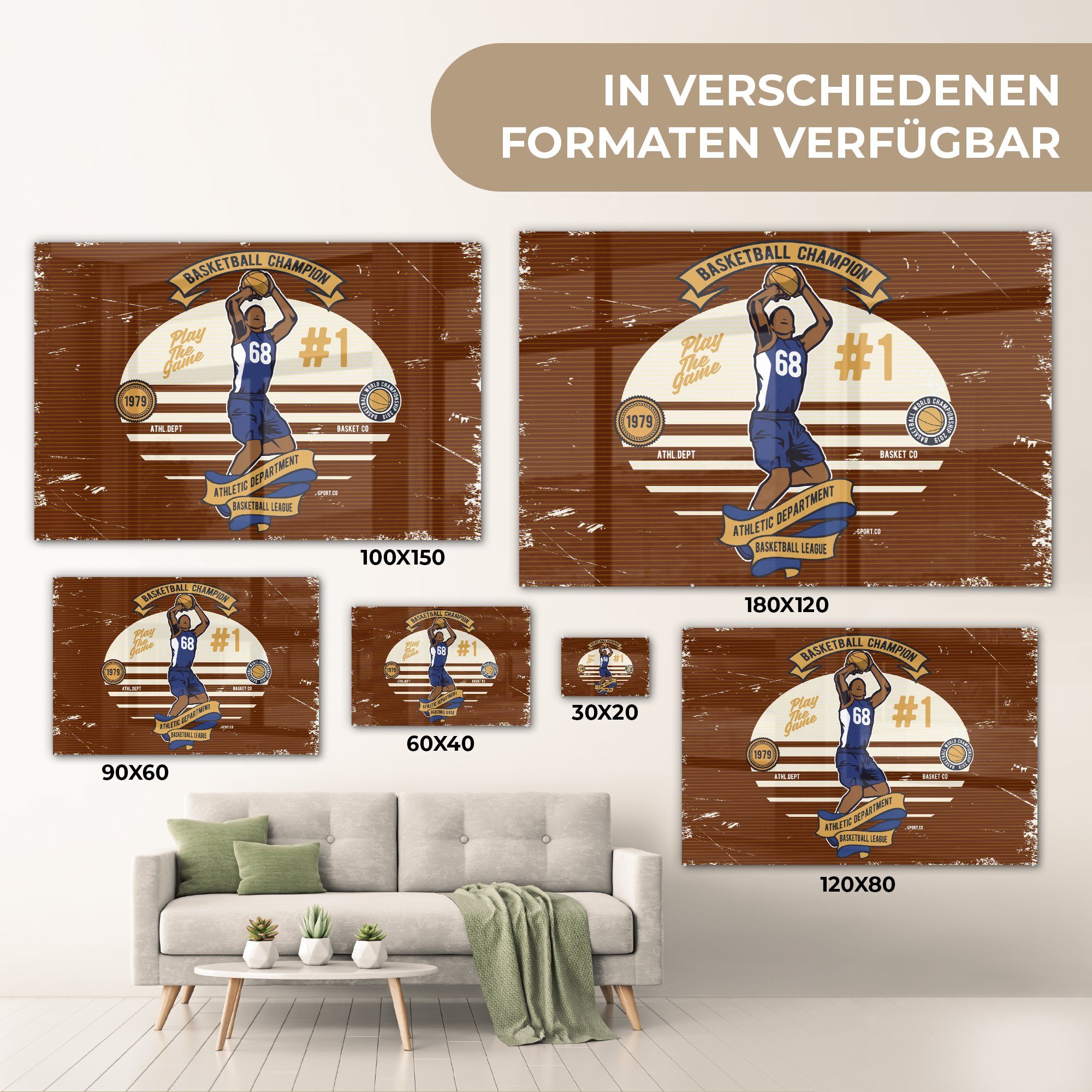 MuchoWow Glasbilder Wanddekoration Basketball Glas Bilder (1 - Wandbild Rot, Glas auf St), Retro - Foto - Acrylglasbild Mancave - auf - -