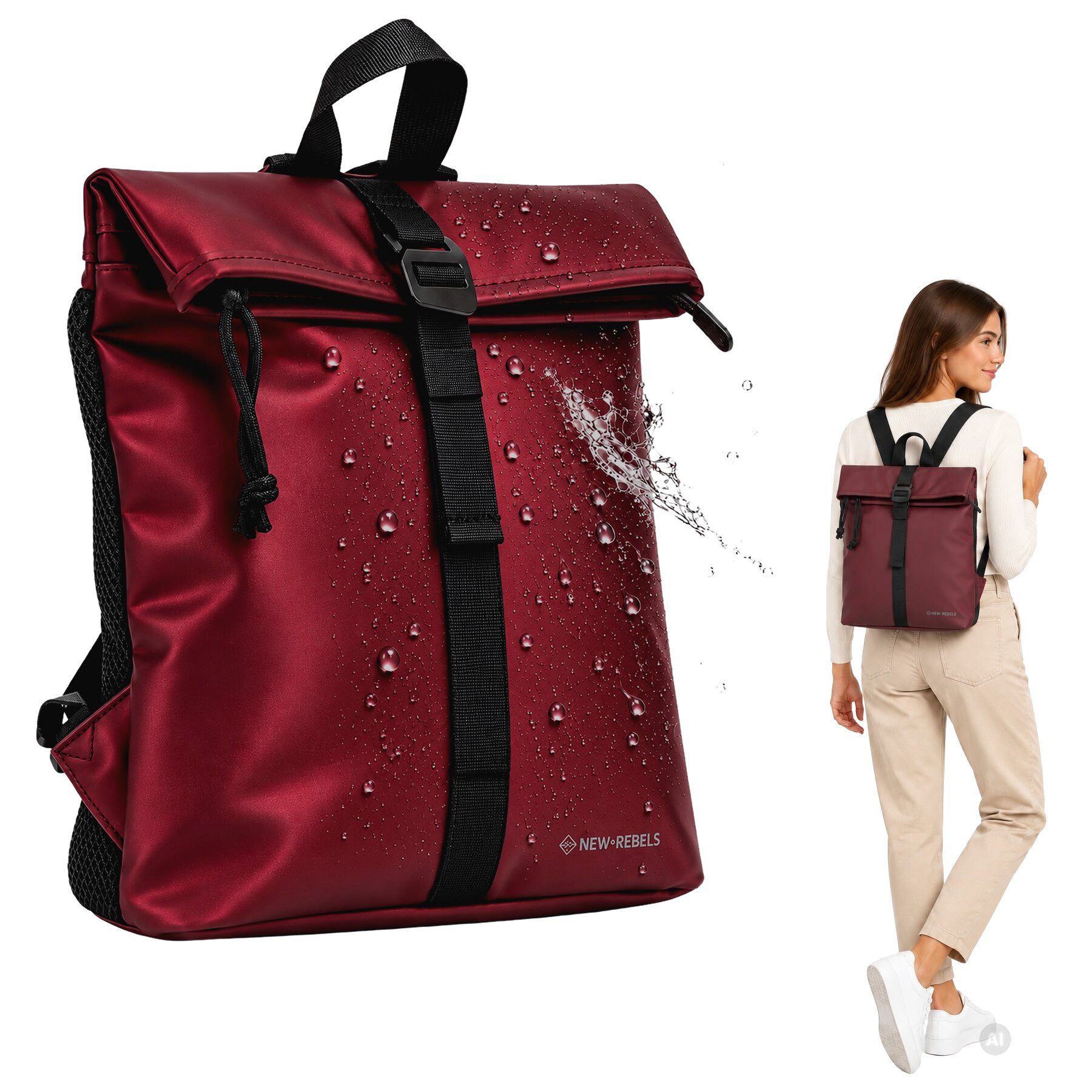 NEW REBELS Freizeitrucksack Damen klein Rucksack Handtasche Tasche, Reise Freizeit Bag wasserabweisend aus Plane + bagboom Etui