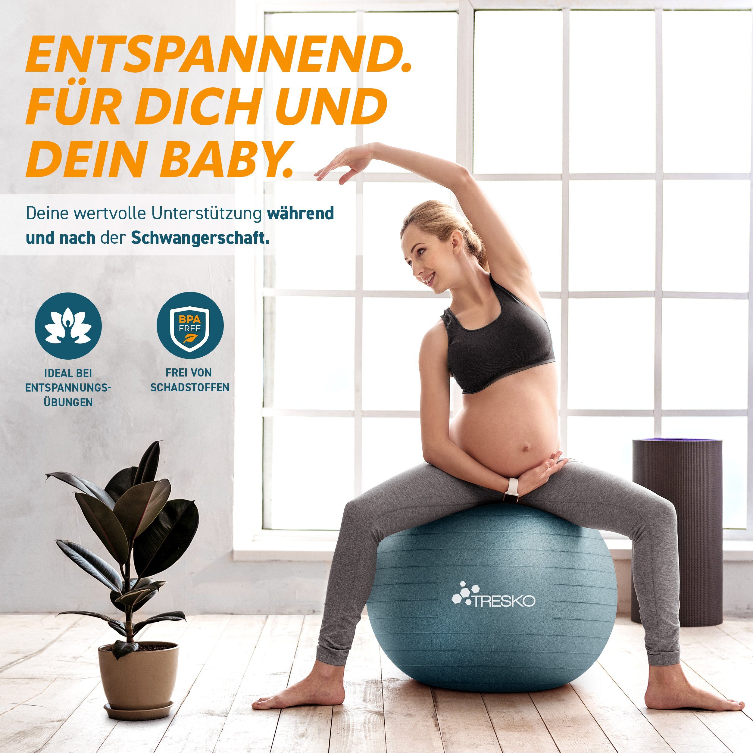 TRESKO Gymnastikball mit GRATIS Übungsposter inkl. Luftpumpe Yogaball, BPA-Frei Sitzball Büro Anti-Burst inkl. Luftpumpe, Fitnessball