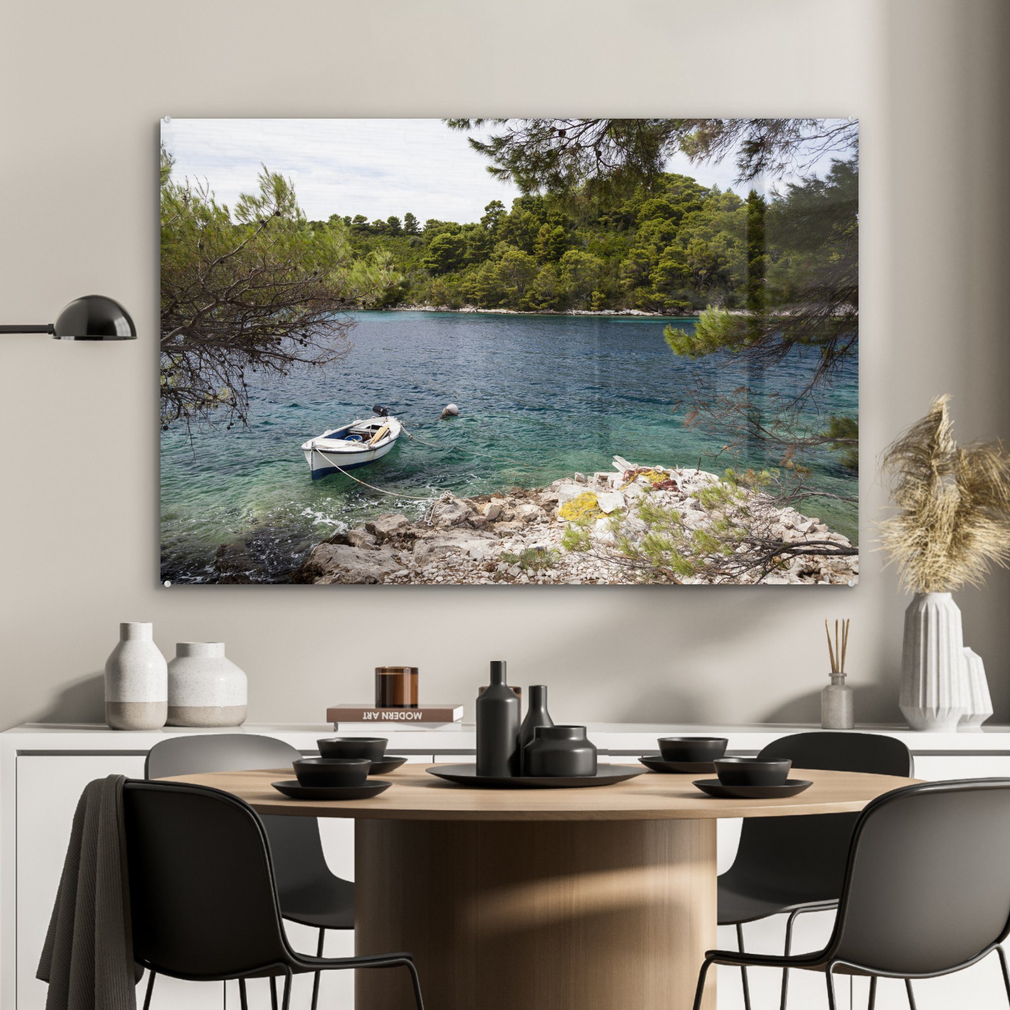 MuchoWow Acrylglasbild schwimmt Nationalparks (1 & Acrylglasbilder Wohnzimmer Fischerboot St), Mljet, Türkis des im Schlafzimmer Ein