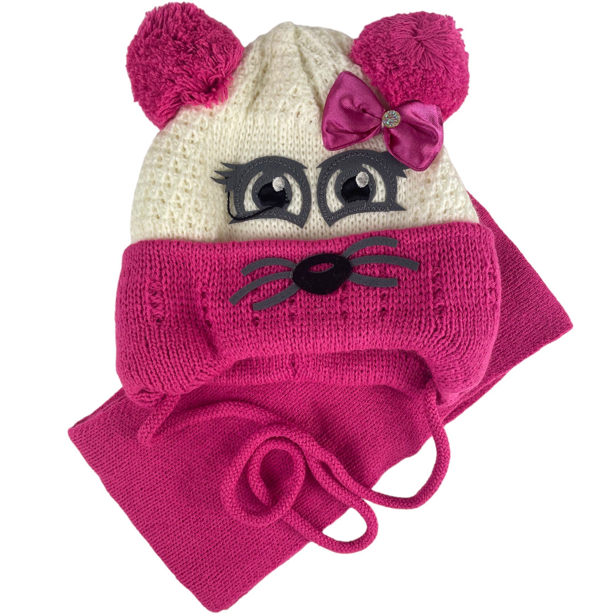 Taschen4life Mütze & Schal Kinder Mütze & Schal Set KK11 (2 teiliges Set) mit Maus Gesicht und Bommel Ohren