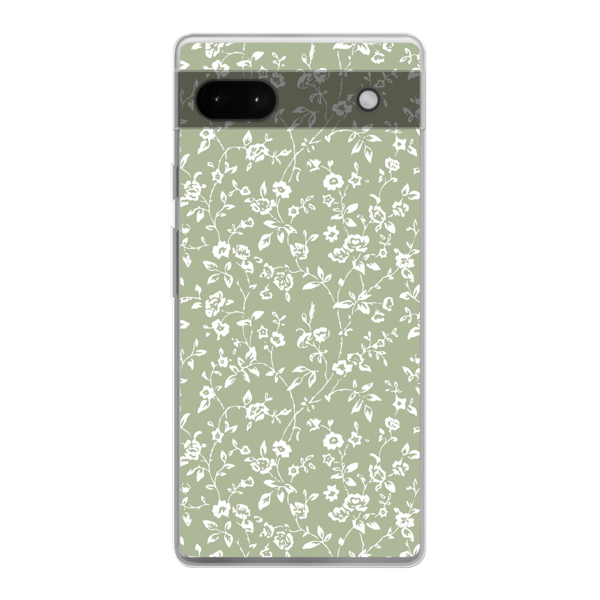 MuchoWow Handyhülle für Google Pixel 6a Blumen - Druck - Grün - Weiß, Phone Case, Silikon, Schutzhülle Dünn
