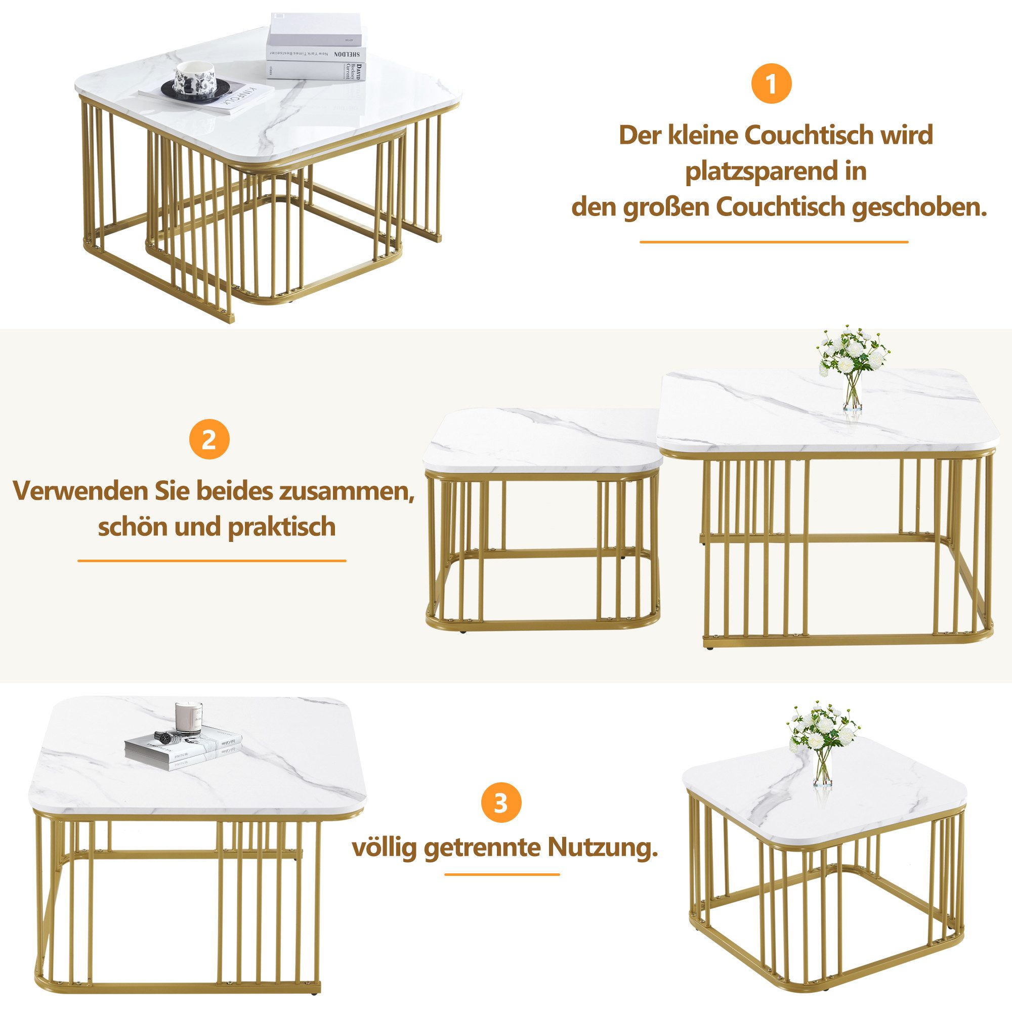 Merax Couchtisch im Marmoroptik mit Metallrahmen (2er Set), Beistelltisch h günstig online kaufen