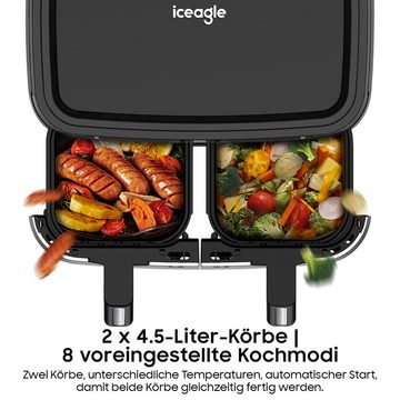 Aoucheni Heißluftfritteuse KDF-5515DT Heißluftfritteuse Doppelkammer, Airfryer 9L, 2600,00 W, 4,5 L + 4,5 L, 8 Kochprogramme, digitales Display