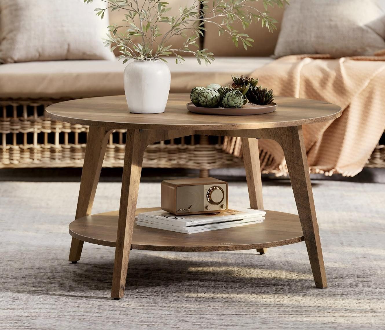 VASAGLE Couchtisch rund Wohnzimmertisch holz Beistelltisch (inkl. Zubehörpaket & Anleitung), 2 Ebenen, Ø 80 cm, modern, skandinavisch, einfache Montage