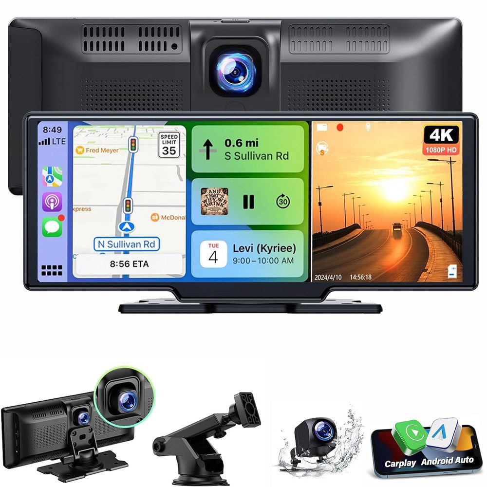 ESSGOO 4K 10.26" Wireless Carplay Android Auto Display Vorne Rückfahrkamera Navigationsgerät (Tragbar Autoradio Rückfahrkamera IPS Touchscreen GPS Navi FM AUX)